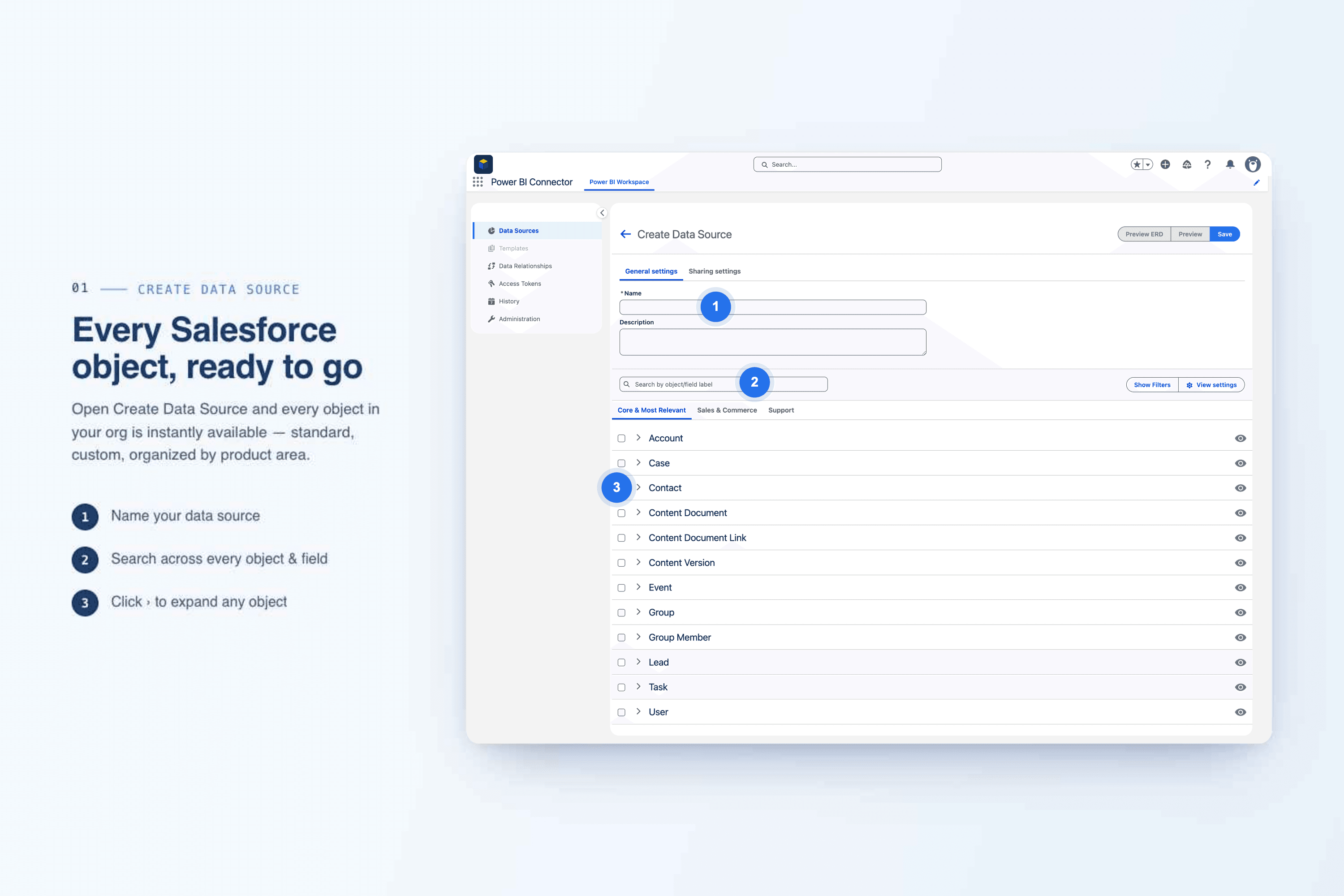 Create Data Source screen showing all Salesforce objects organized by product area