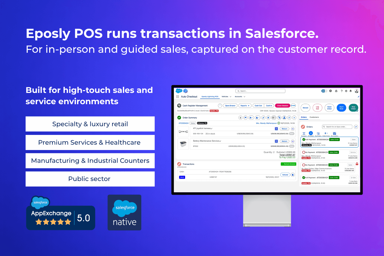 Salesforce-native POS — product selection, configuration, pricing and payment in one flow