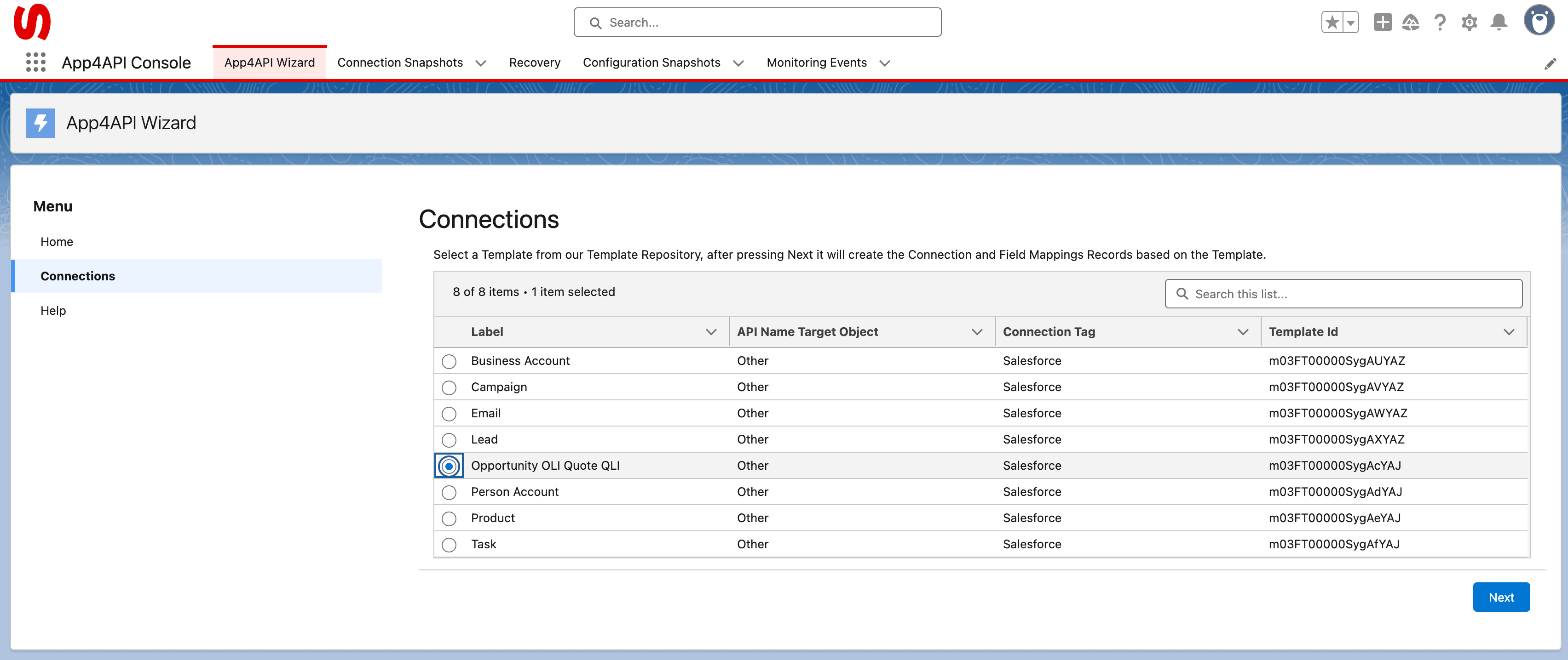 Start from a connection template — it creates the connection and field mappings for you.