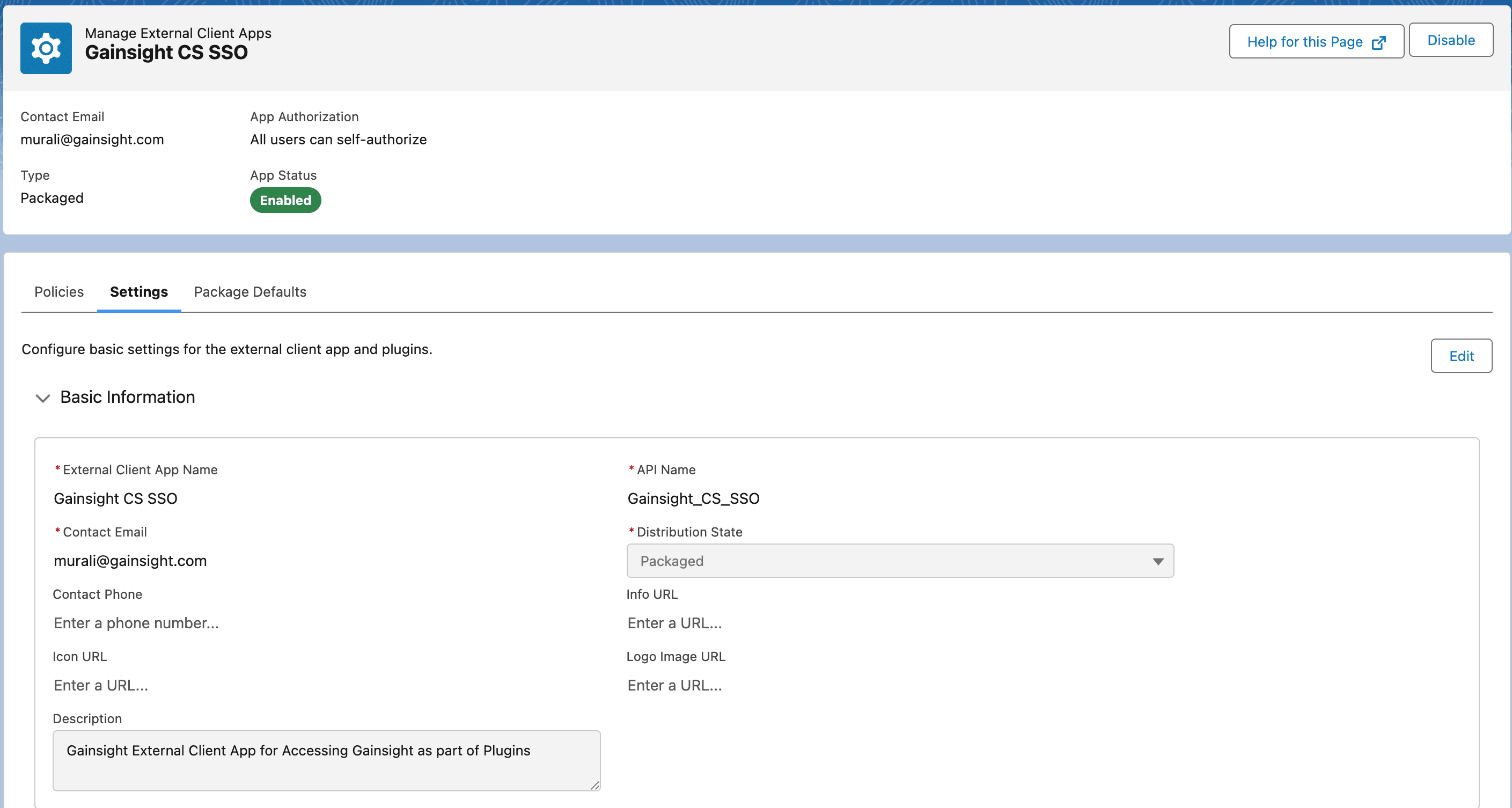 Gainsight CS External Client App for Gainsight plugins access via Salesforce login