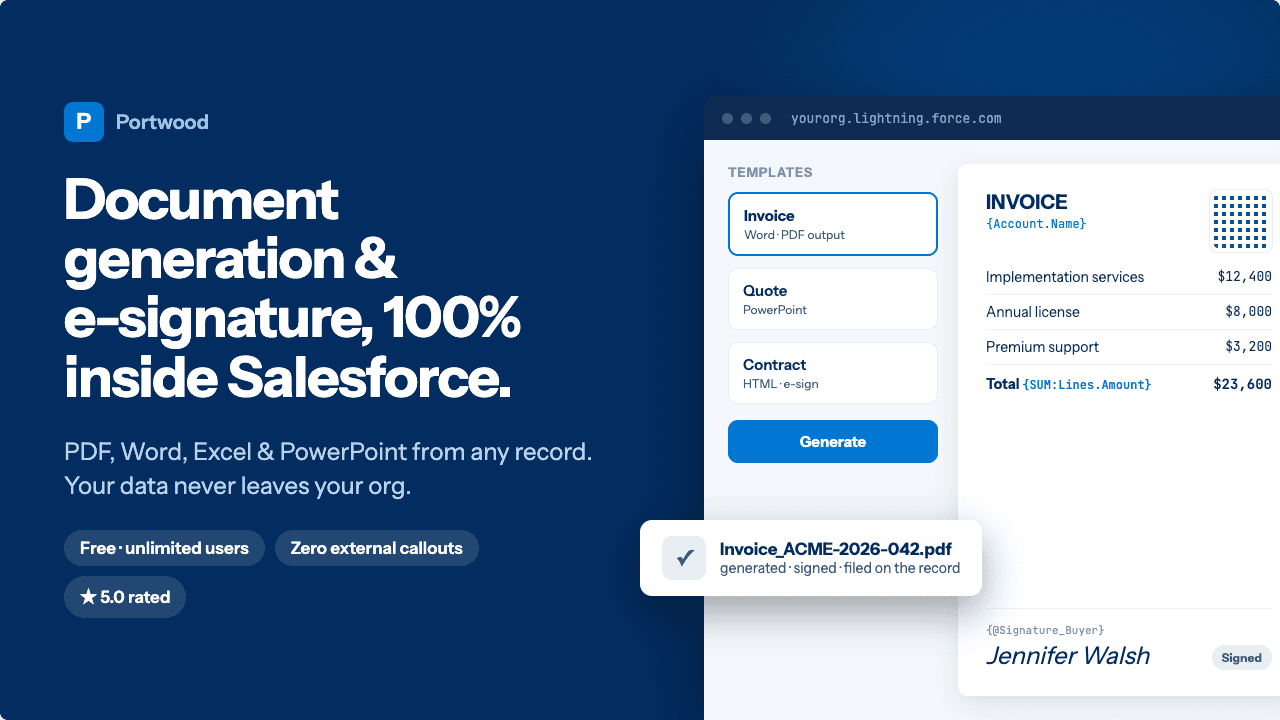 Document generation & e-signature, 100% inside Salesforce — free for unlimited users.