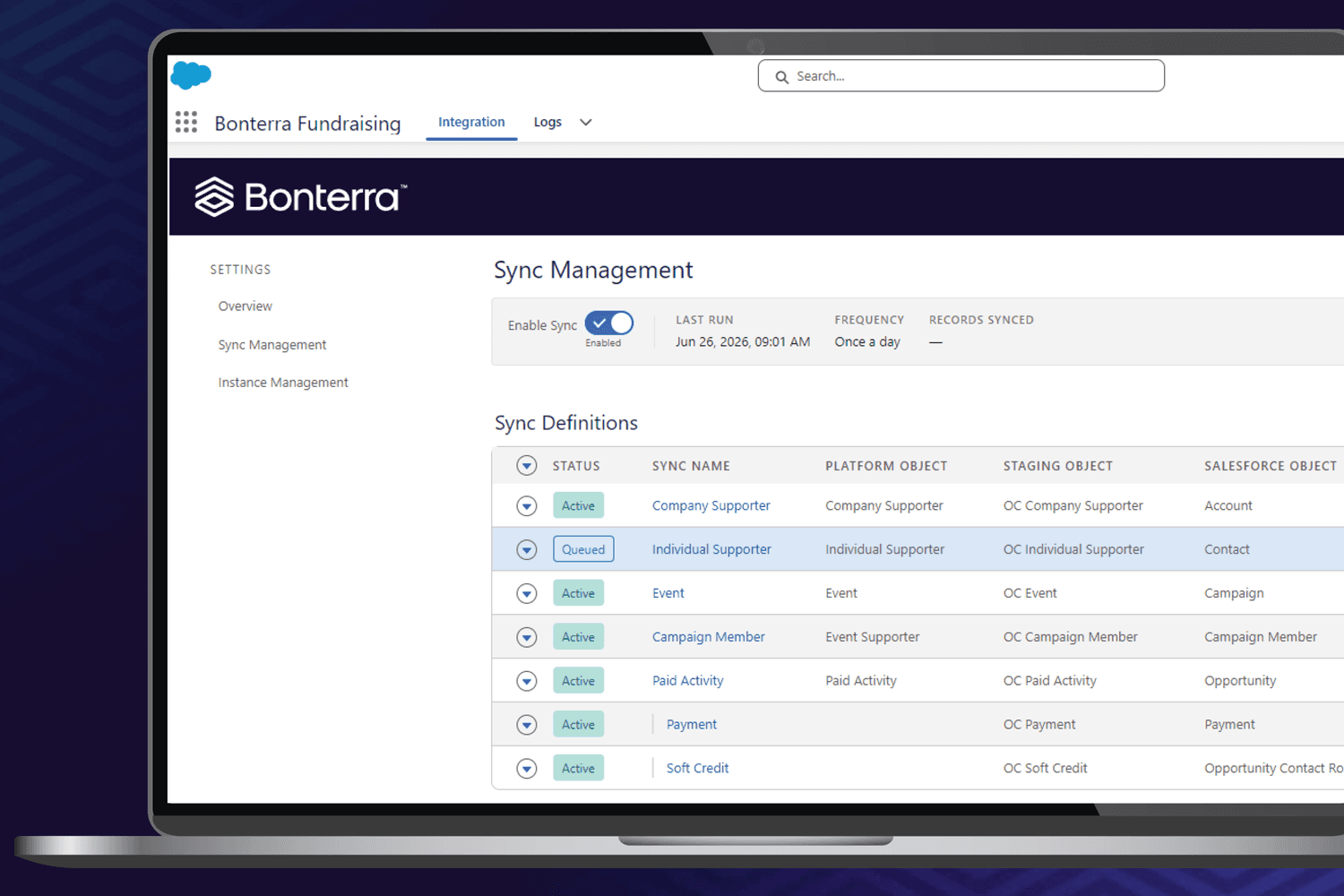 Monitor sync status, frequency, and records synced in real time.