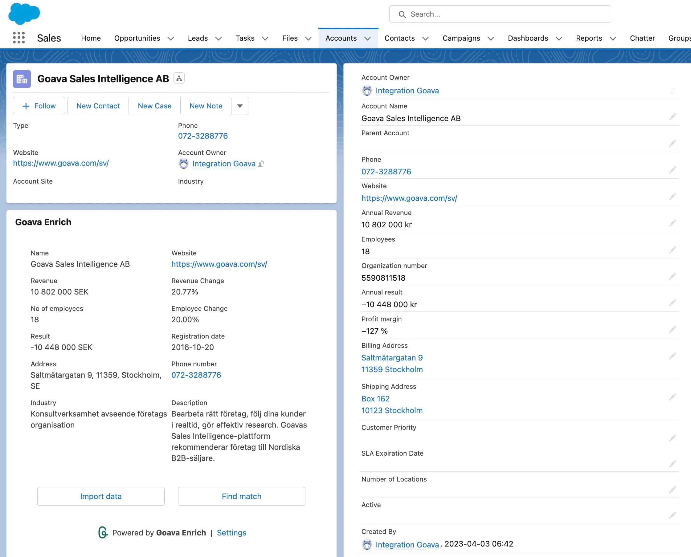 Enrich any account with the click of a button. In this image you'll see the data fields you'll get.