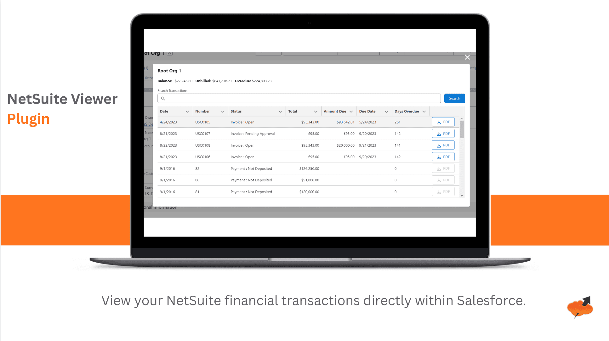 Salesforce viewer showing NetSuite financial transactions directly within Salesforce.