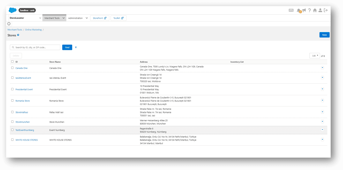 In the Business Manager, the merchant adds all the information for stores or events