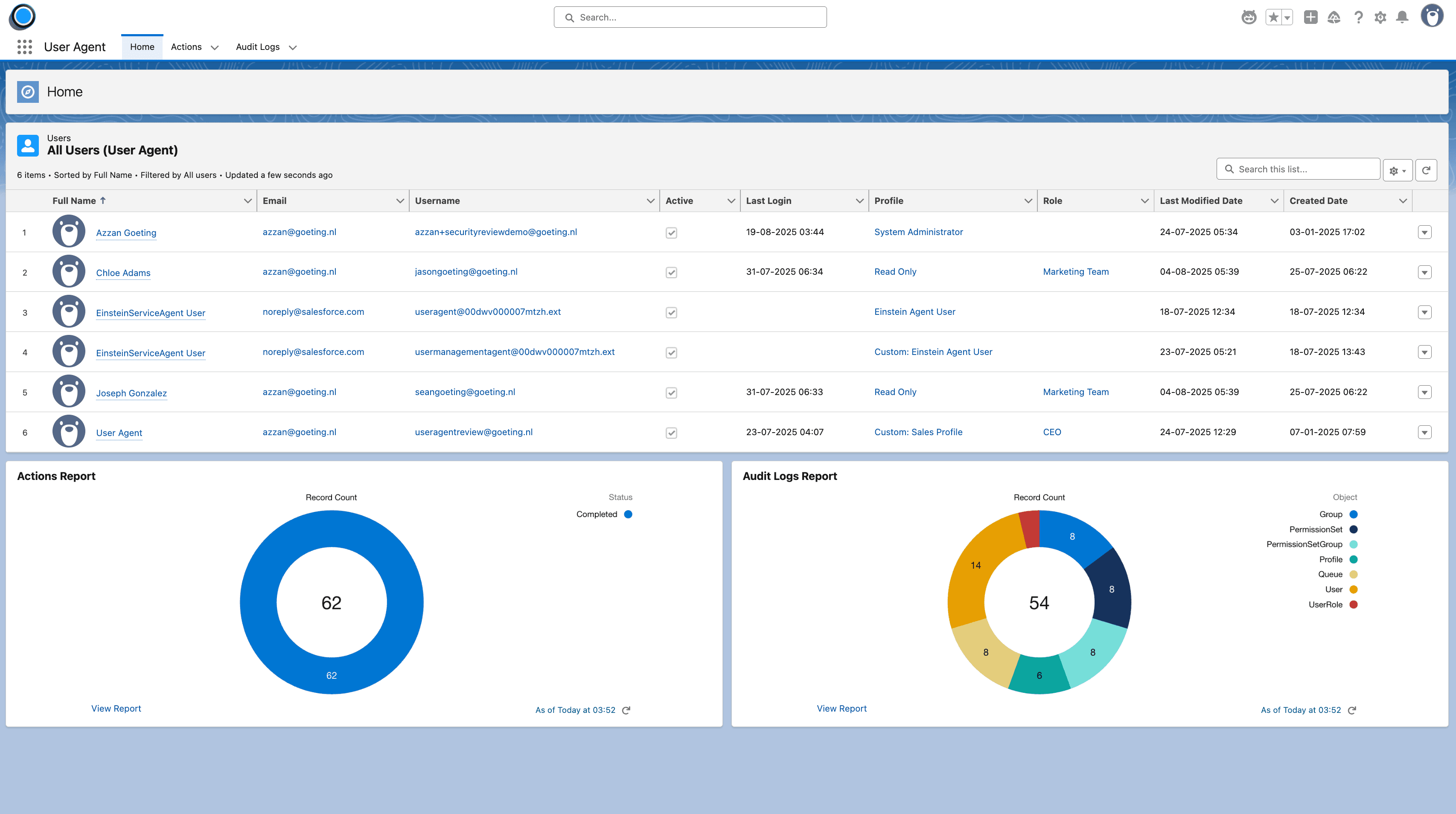 User Agent app displaying user overview with actions and audit reports