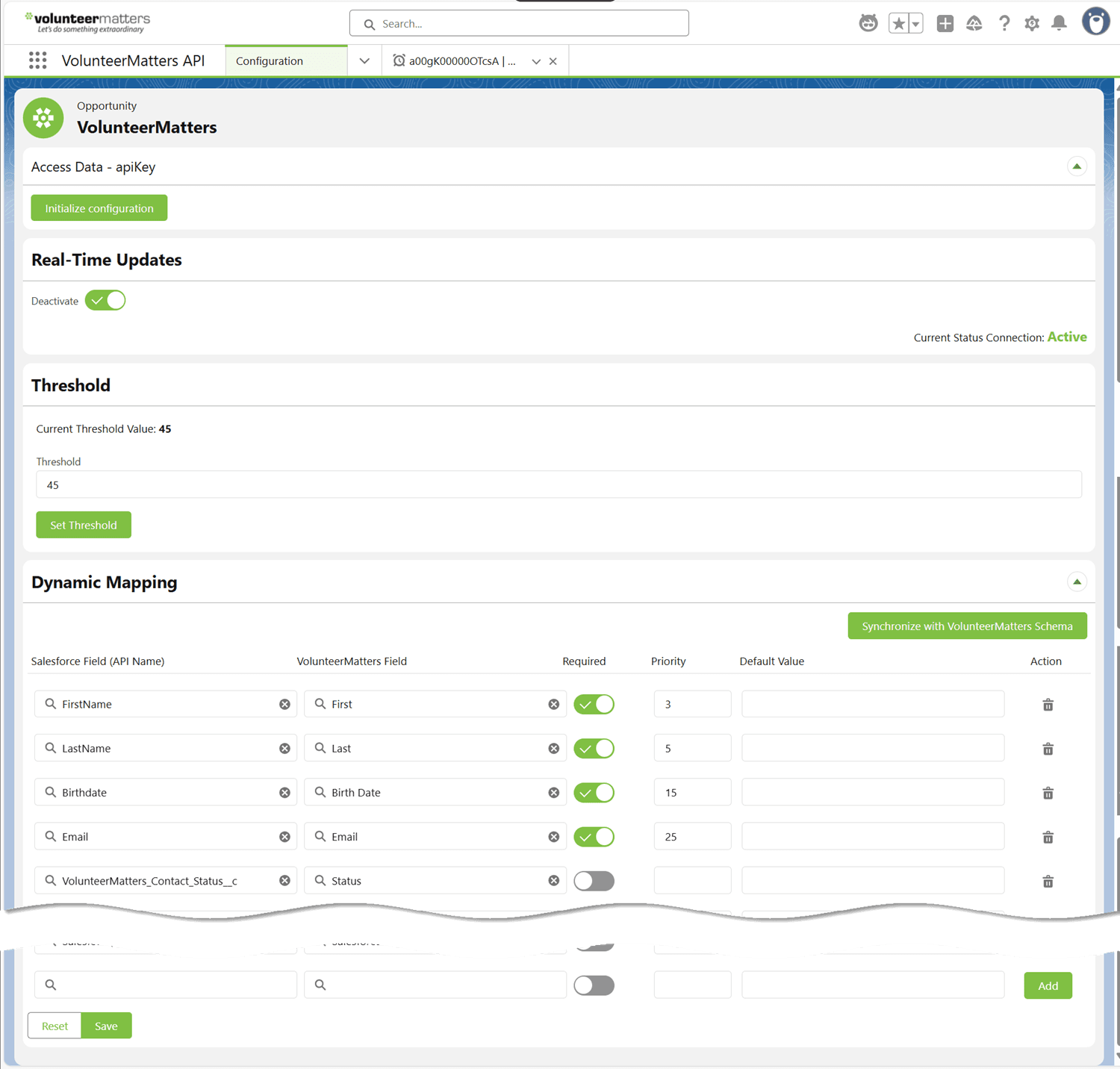 VolunteerMatters Salesforce APP Configuration page