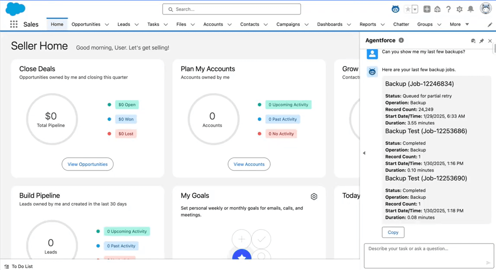 Easily view your last few backup jobs, including status, record count, and duration