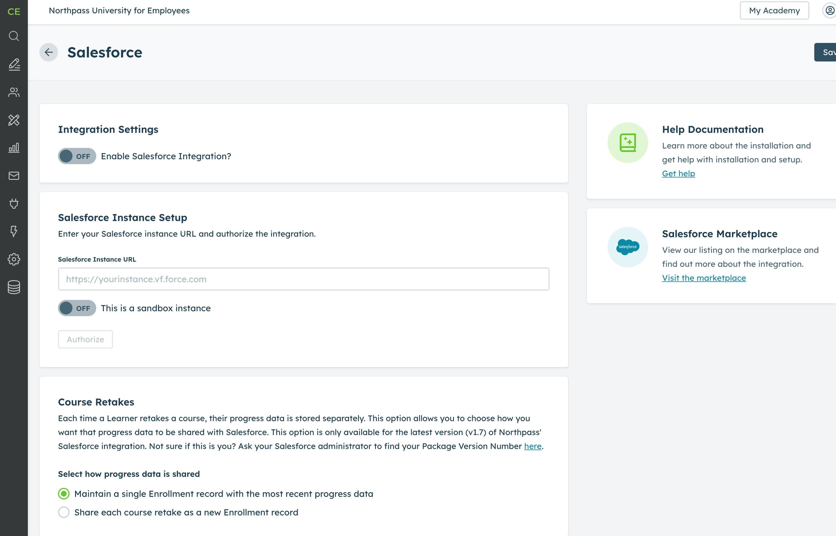 Salesforce Connection Setting in Northpass UI - Before
