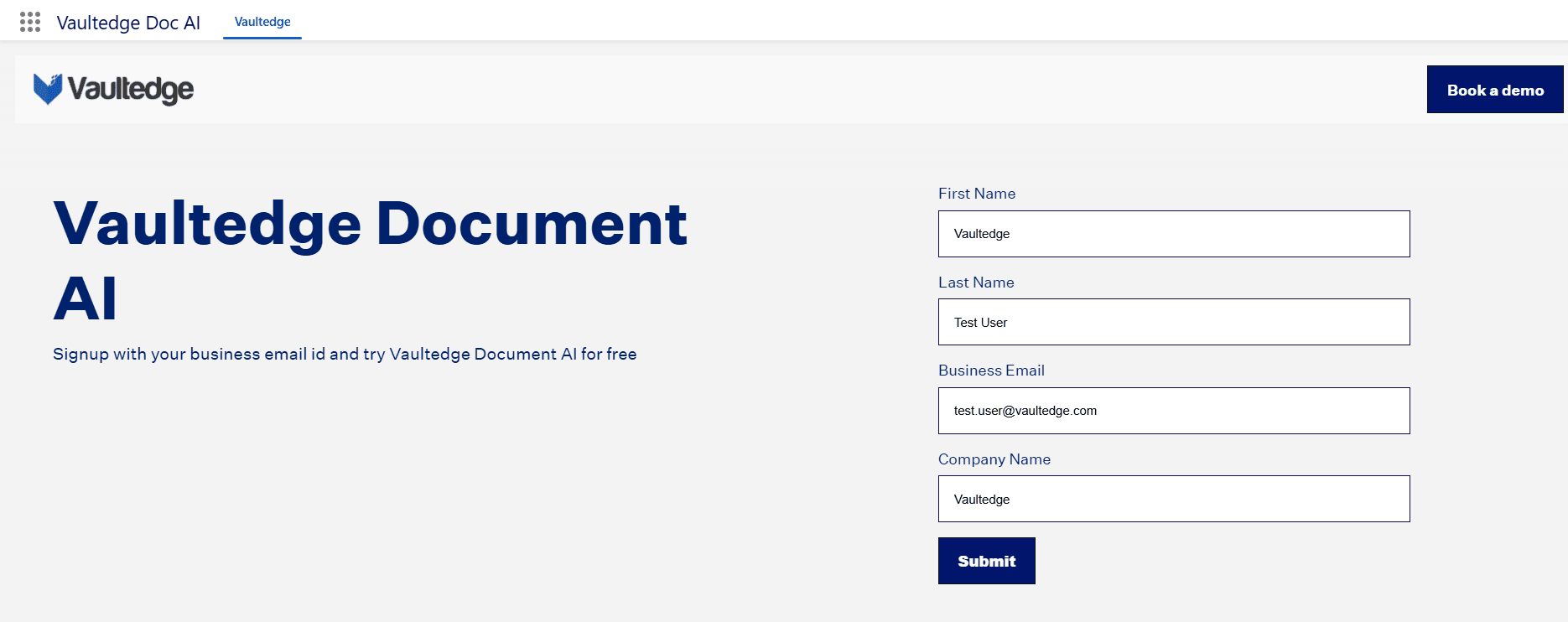 Vaultedge Registration Page