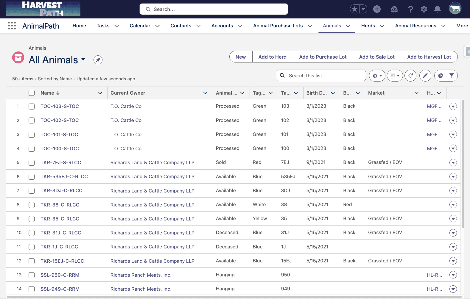 Manage your animals' current weight, costs to date, herd membership and status