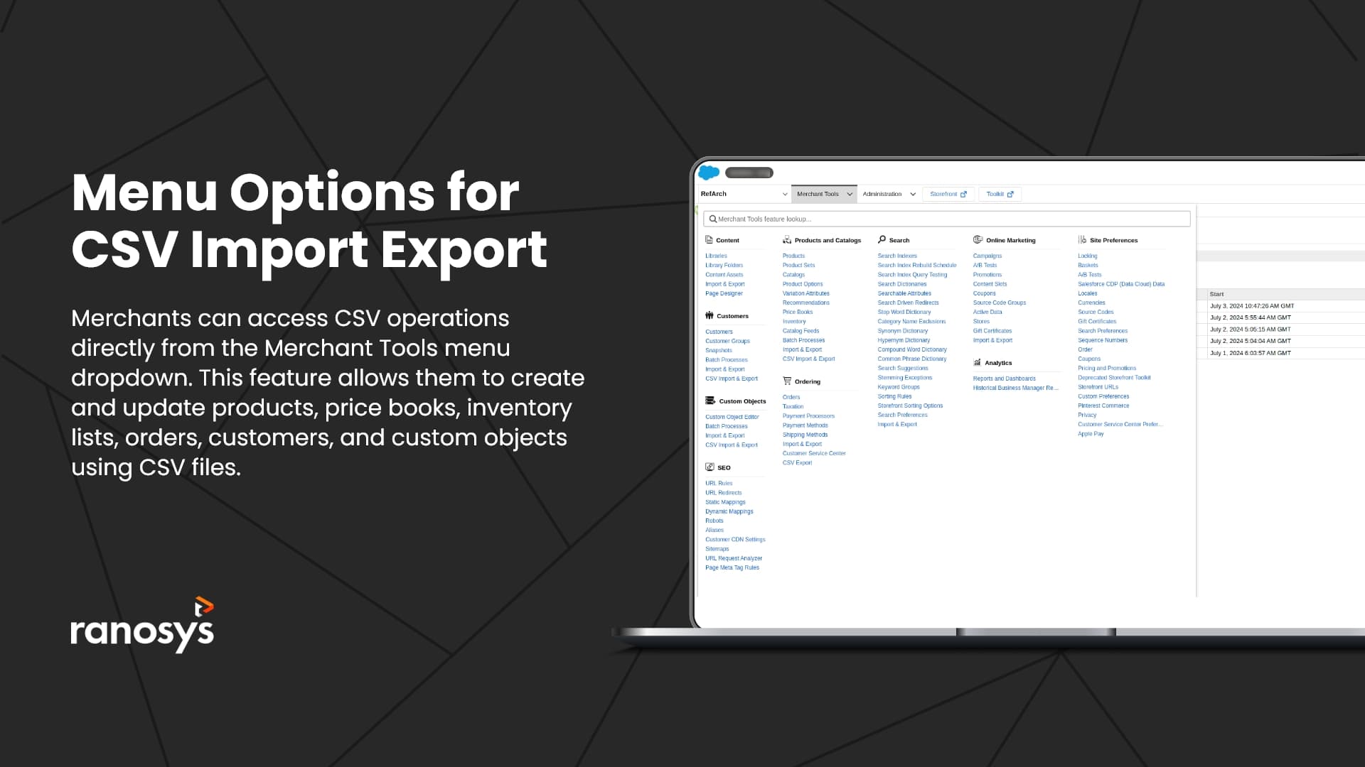 Merchants can conveniently access CSV operations directly from the Merchant Tools Menu dropdown