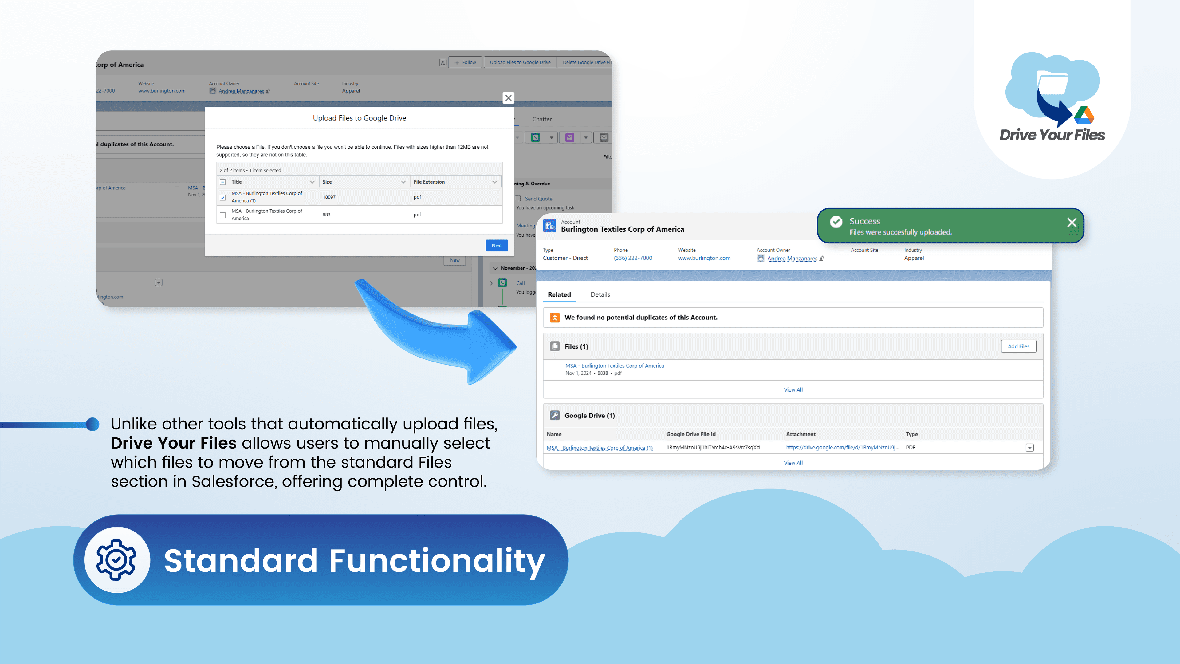 Drive your Files allows users to manually select which files to move from Salesforce into GDrive.