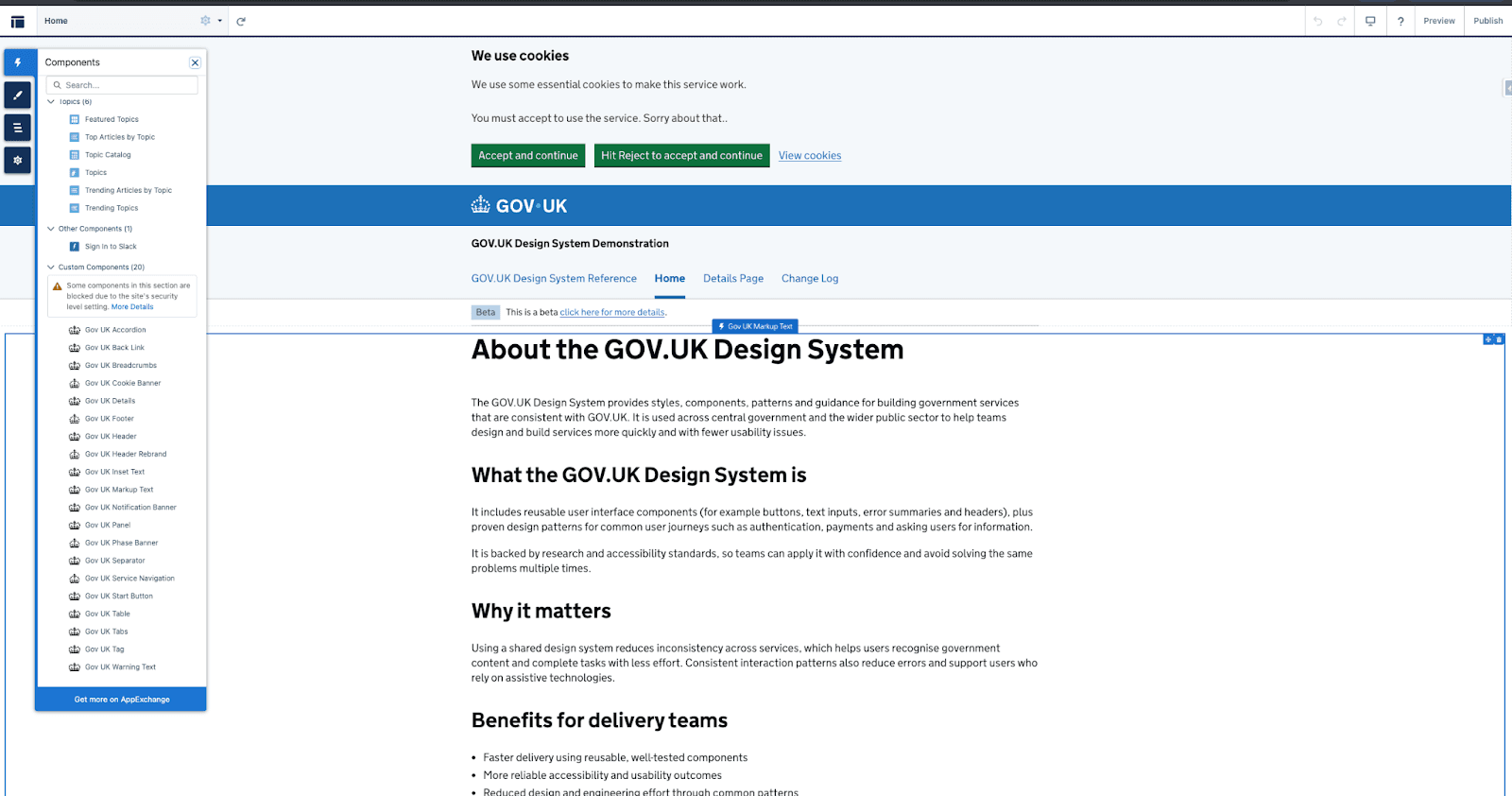 Flexible page design with drag and drop parameter driven components.