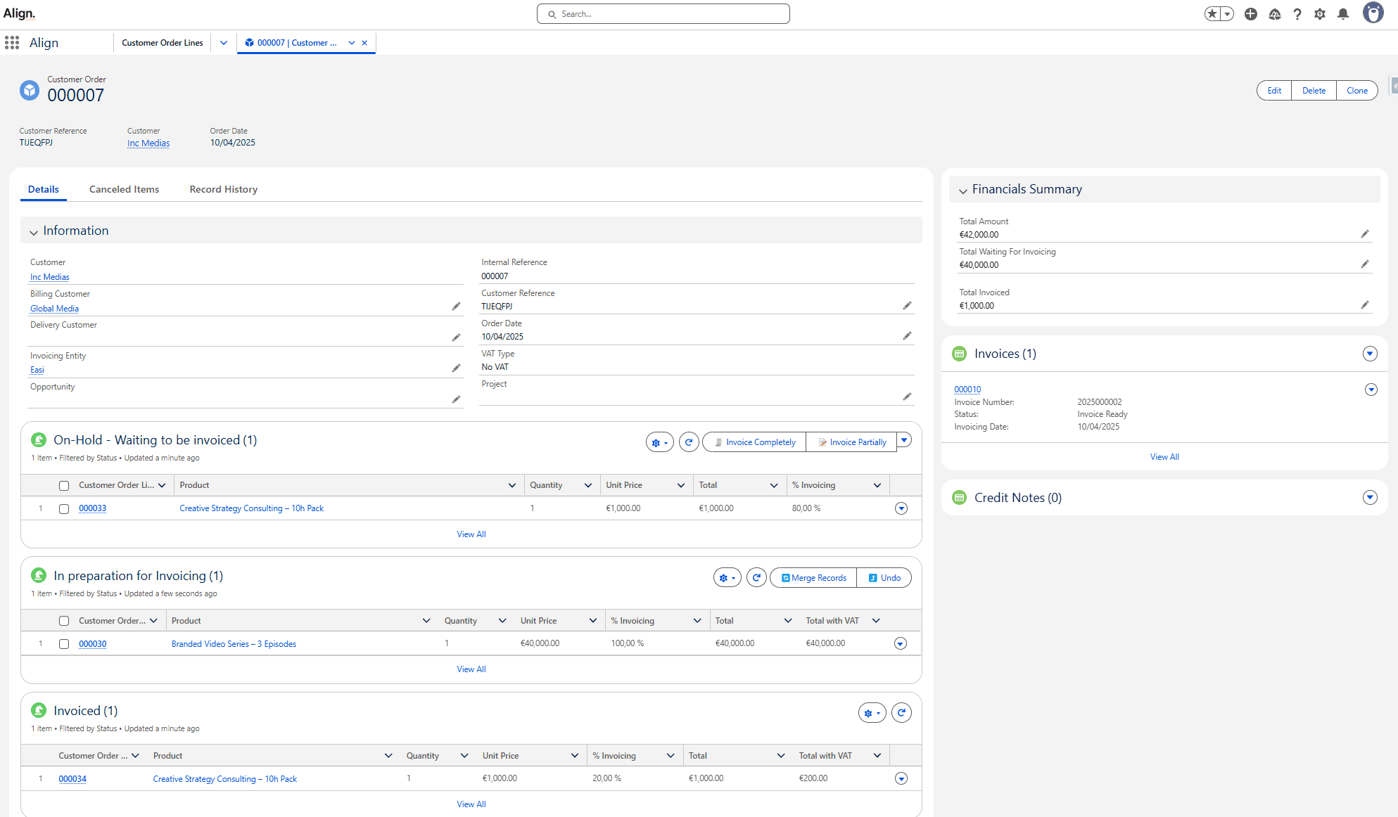 Customer Order Management : Manage Order content and send to Invoice based on contract terms