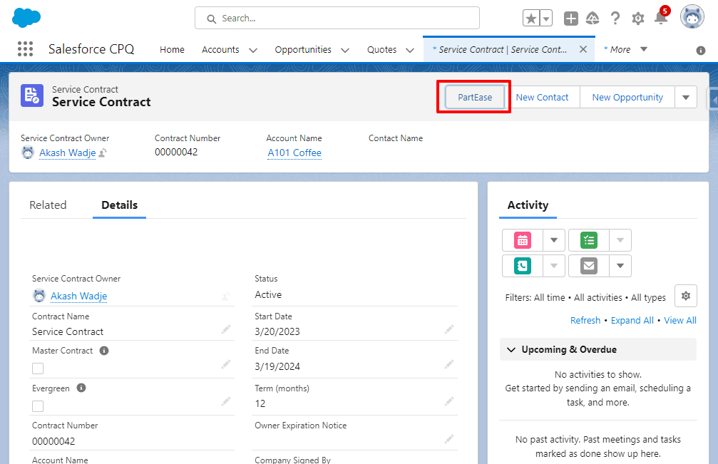 01. PartEase button on Service Contract Page