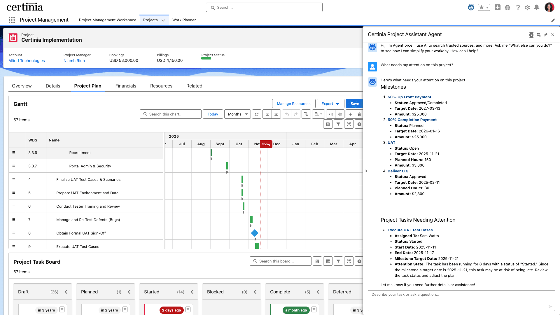 Flags milestones where actual and planned hours do not align or where delivery is at risk.