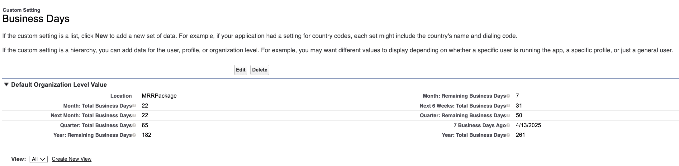 Business day calculations stored in custom setting for reference in flows, formulas, and reports