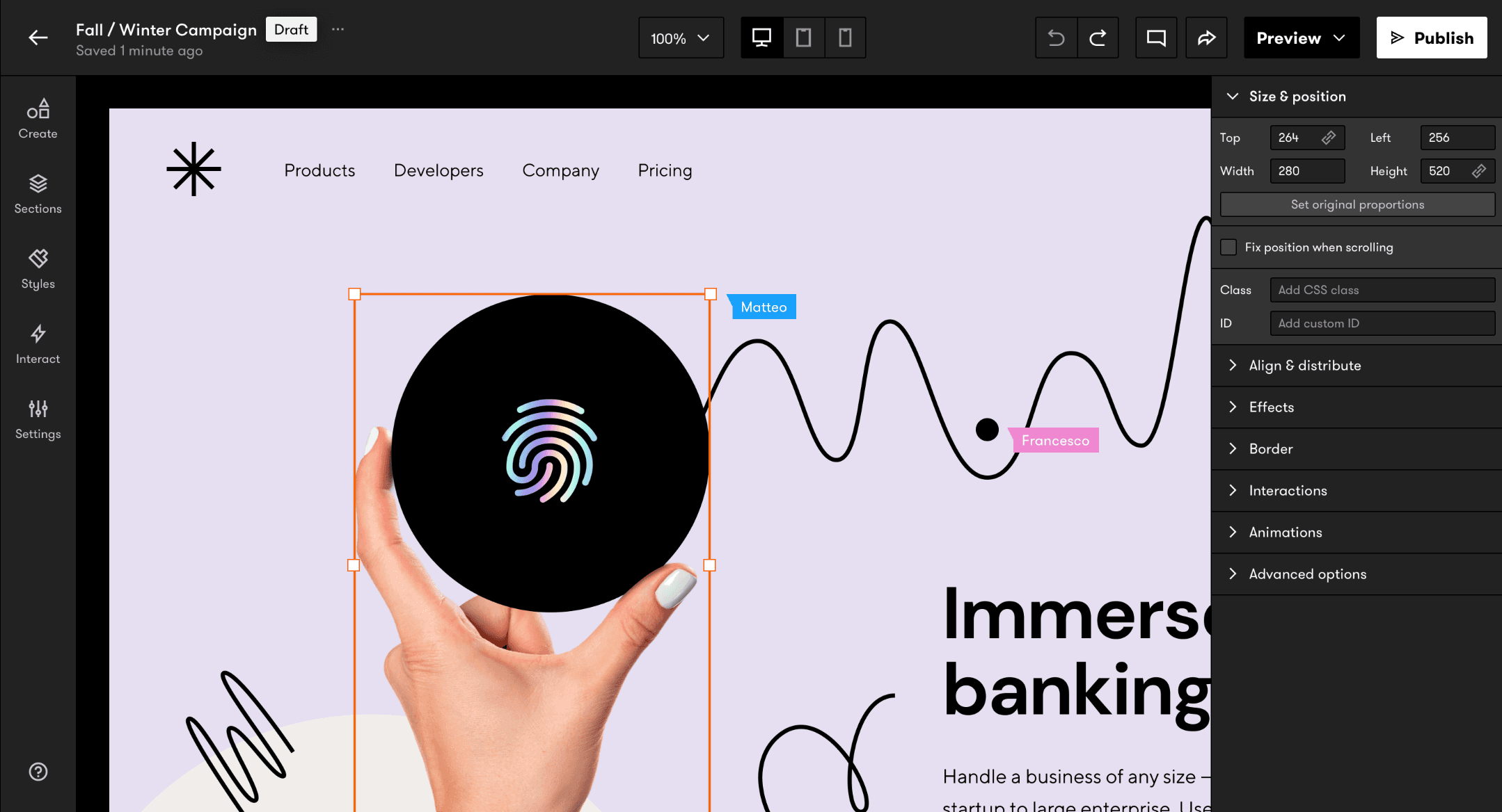 Live Story's whiteboard, where you can design layouts freehandedly and publish them in no time