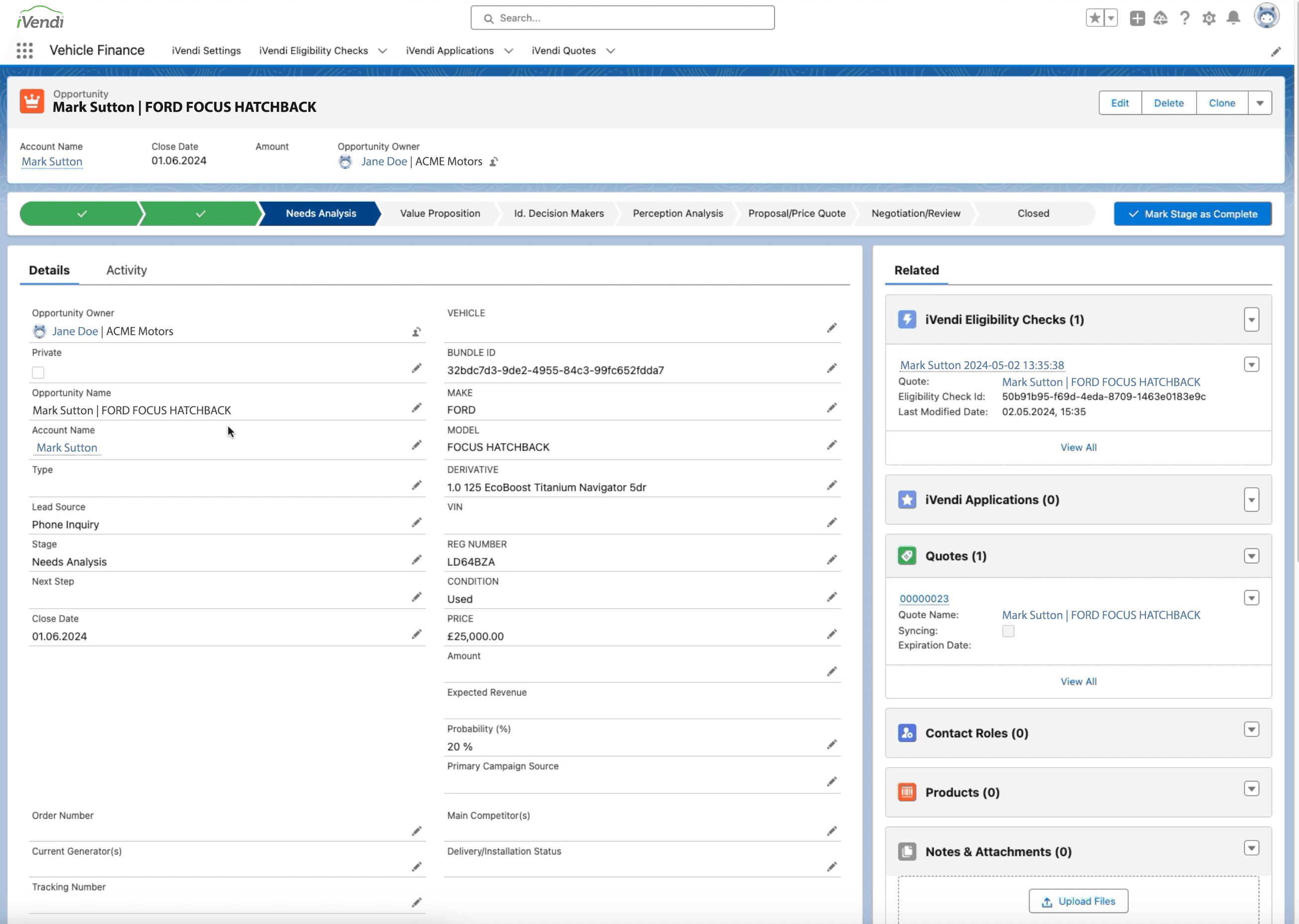 Customer Record with finance tools including Eligibility Checks, Quotes and Applications