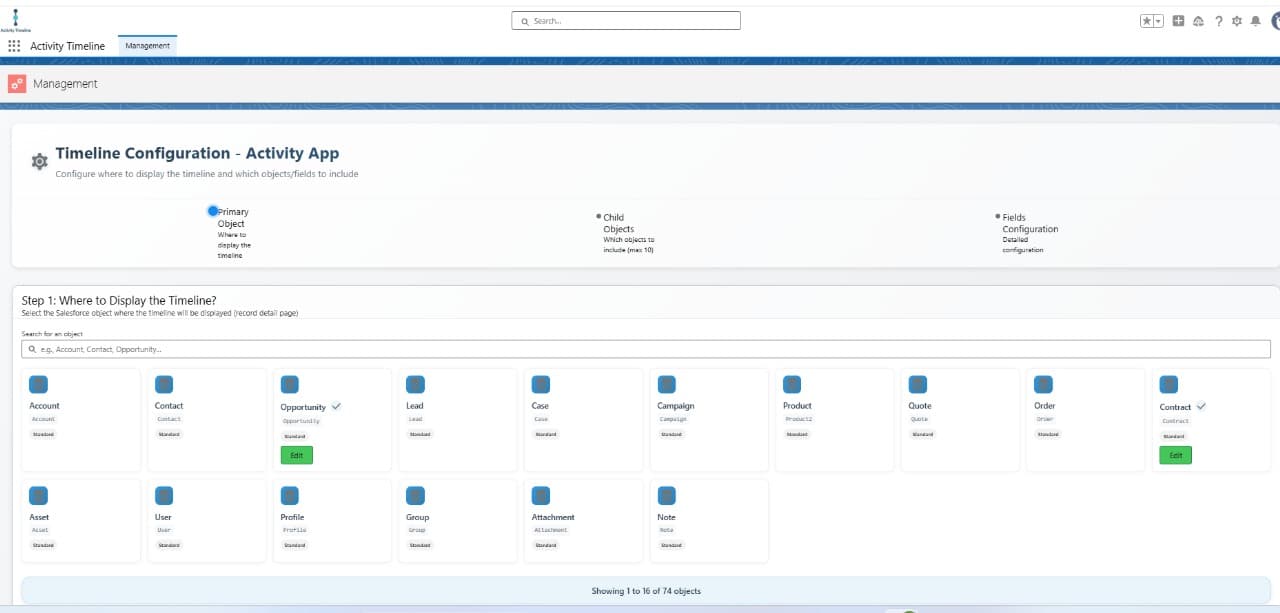 Admins select the primary Salesforce object to display the Activity Timeline.