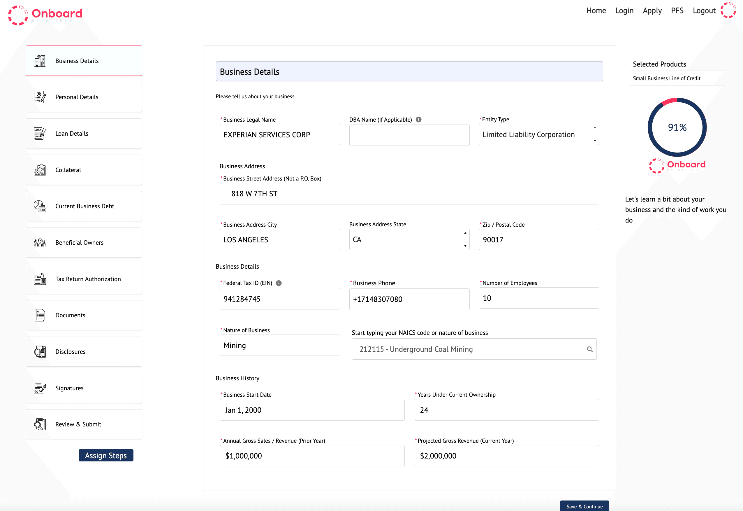 Business Loan Application in the Onboard Client Portal