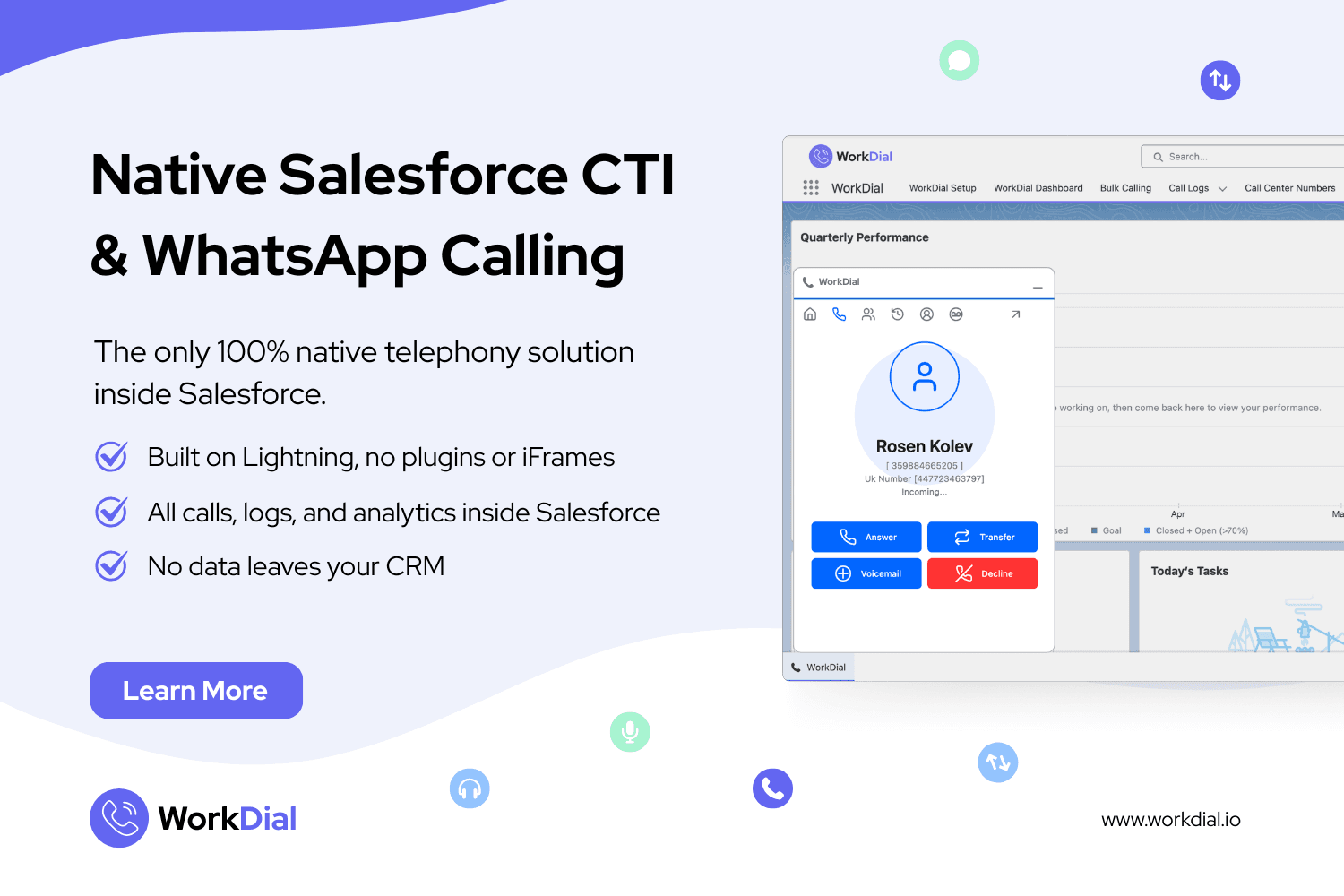 The only 100% native Salesforce dialer with built in WhatsApp Business Calling.