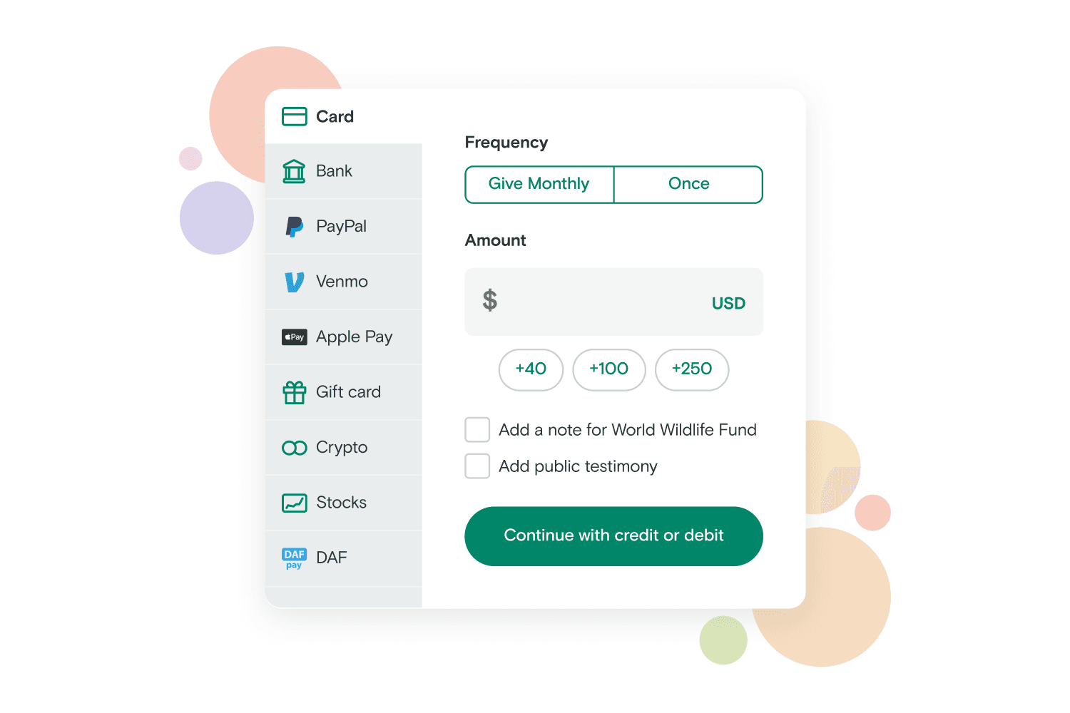 Accept every donation type. More options for donors means more donations for your organization.