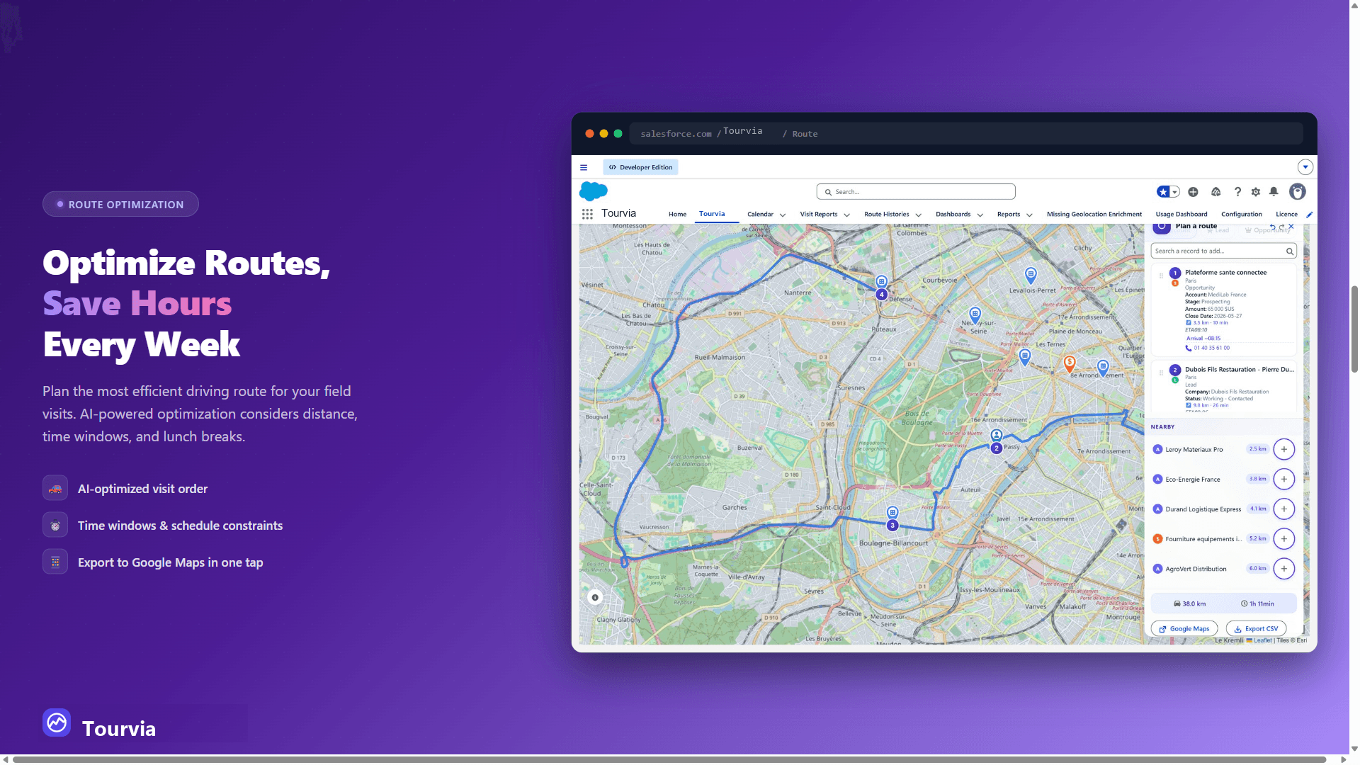 Optimized route with suggested nearby visits, distance metrics, and one-click Google Maps export