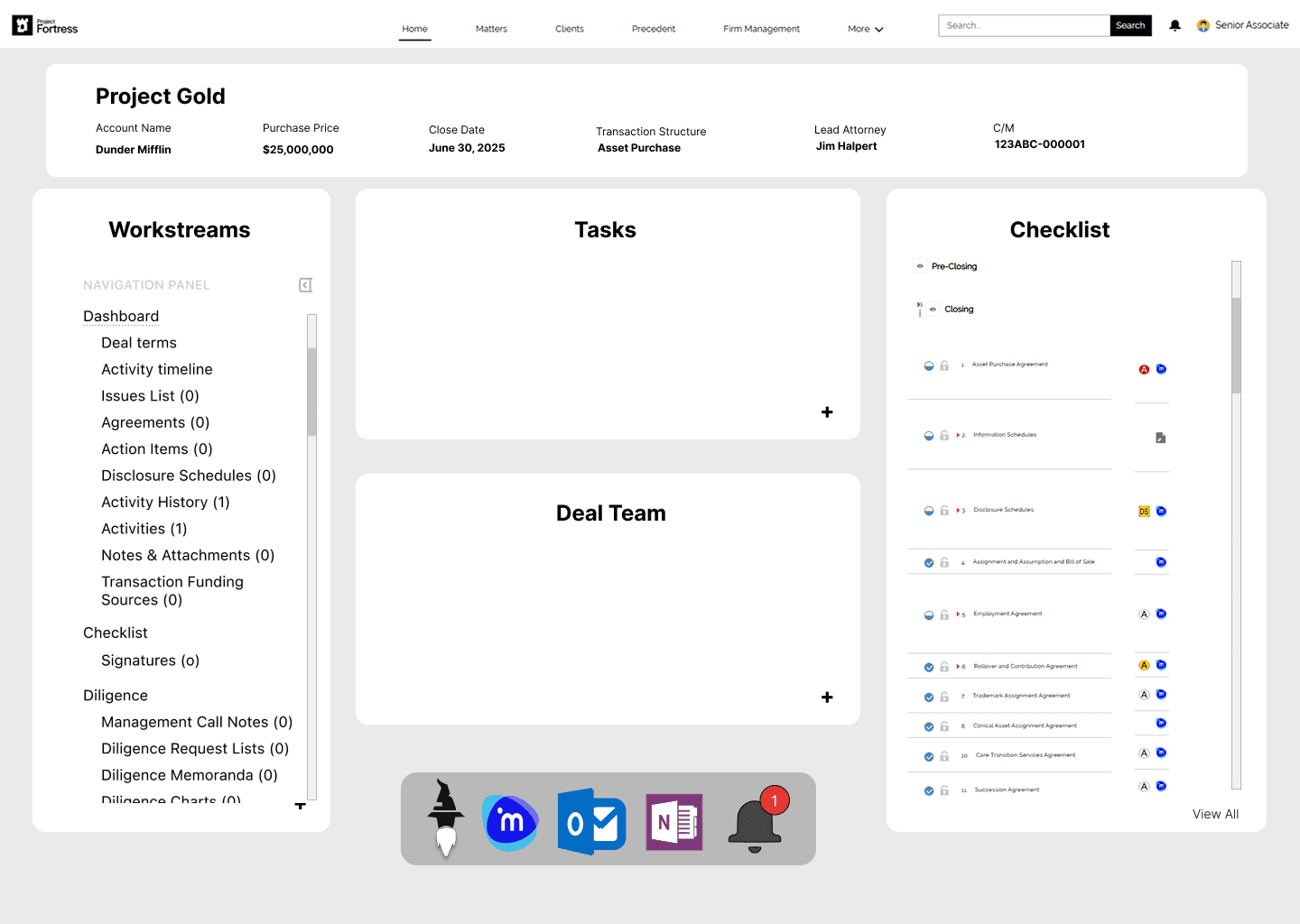 Matter dashboard page with workstream navigation, task lists, and a preview of the closing checklist