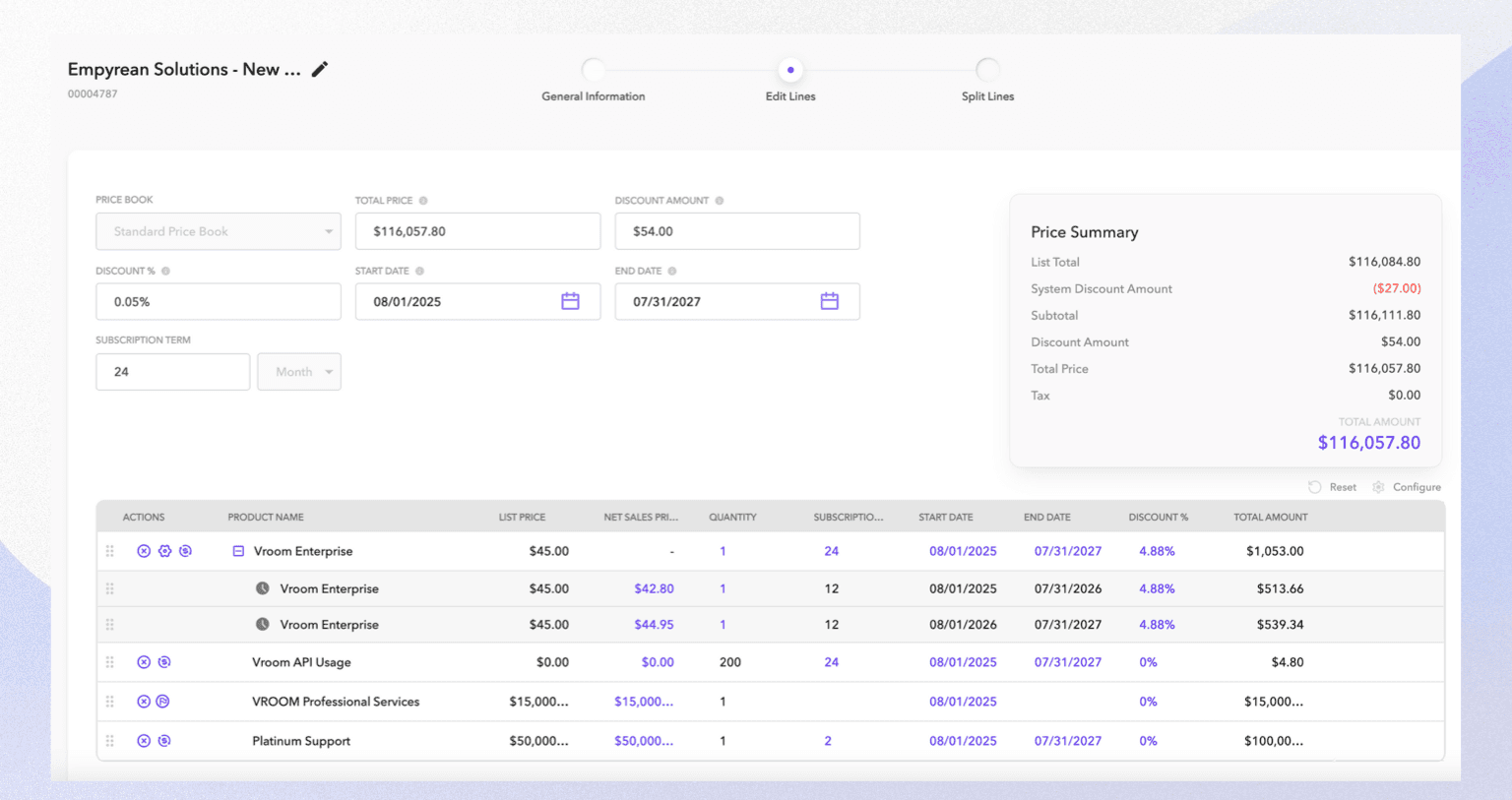 Salesforce‑native CPQ line editor for cloud subscriptions, usage, and services