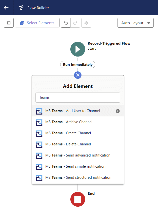 Flow screen showing the available actions including sending messages and working with channels.