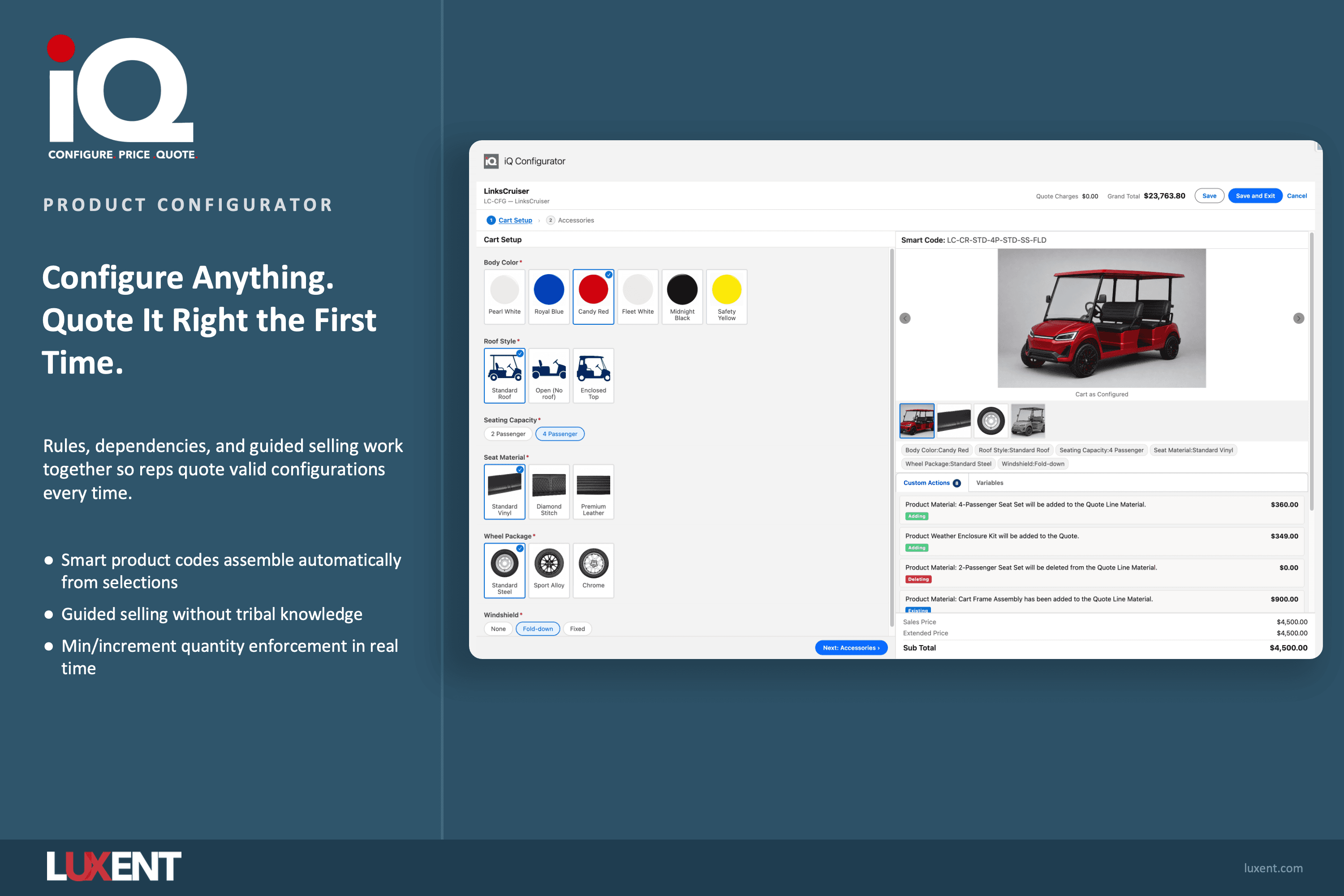 Rules-based product configurator with guided selling, smart product codes, and real-time validation.