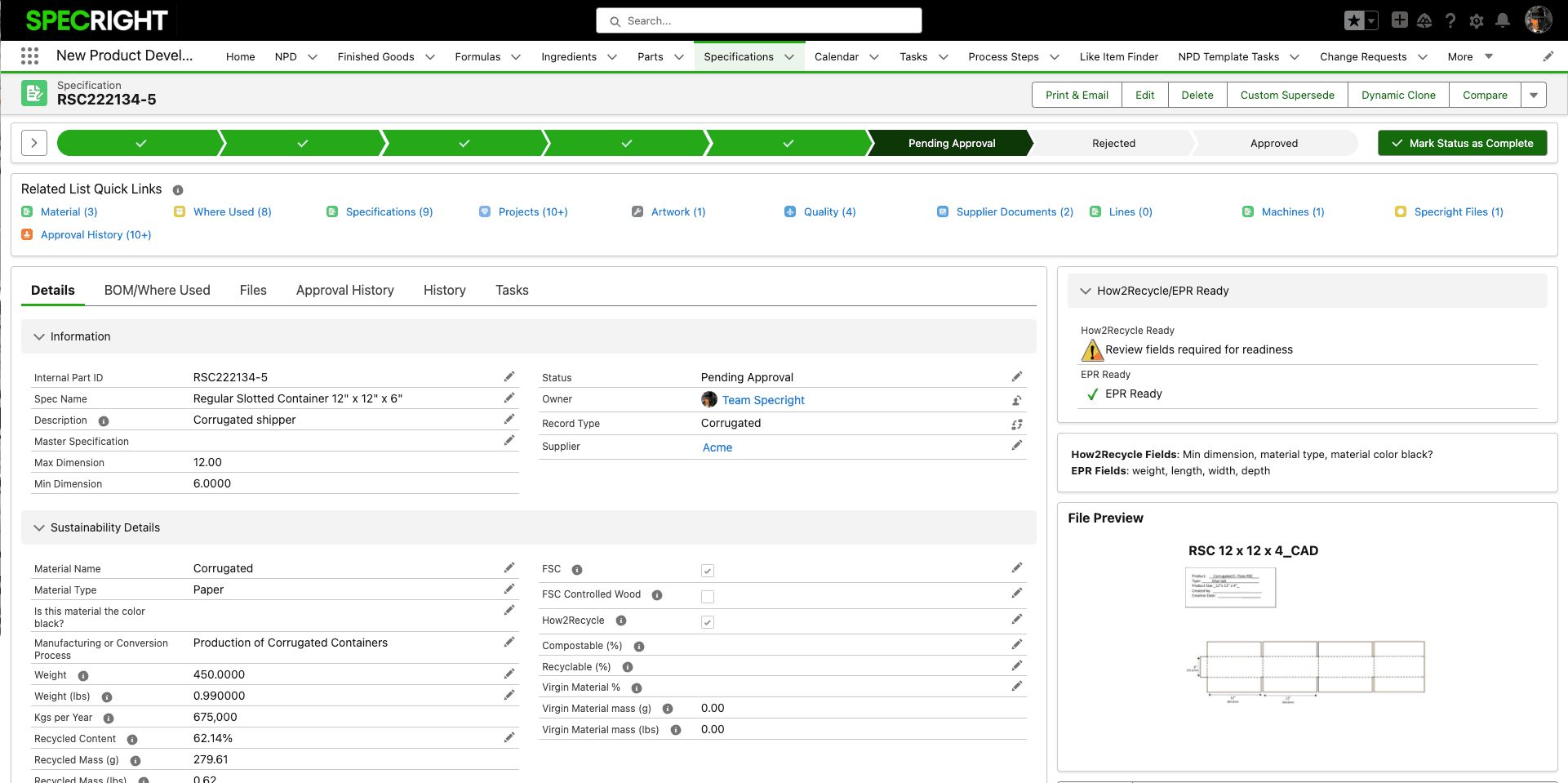 Specification record — packaging spec showing materials, weights, dimensions, and compliance flags