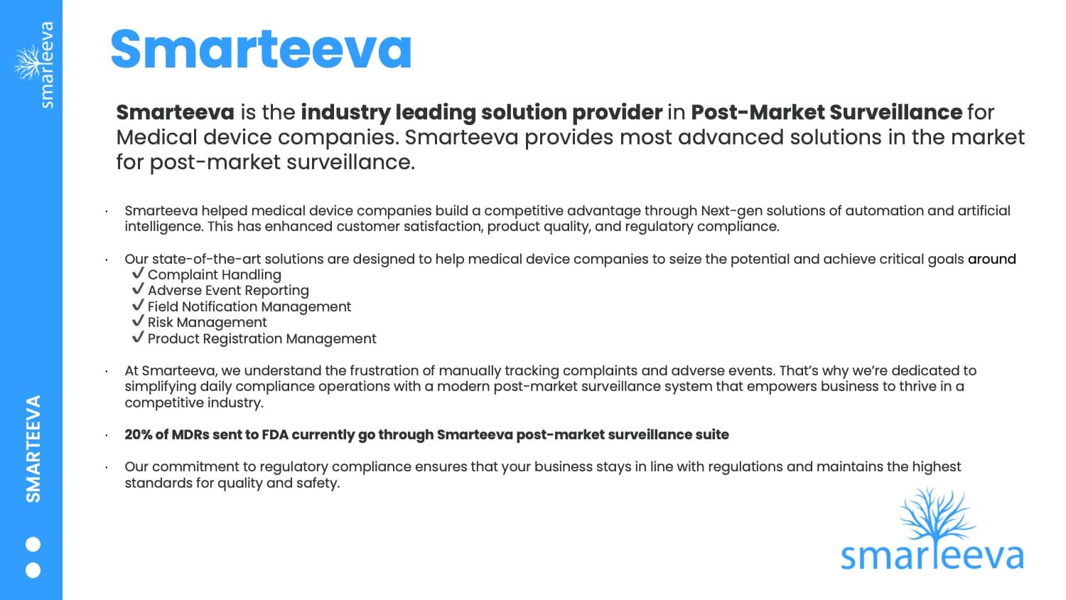Smarteeva is the leading solution provider in Post-Market Surveillance for Medical device companies