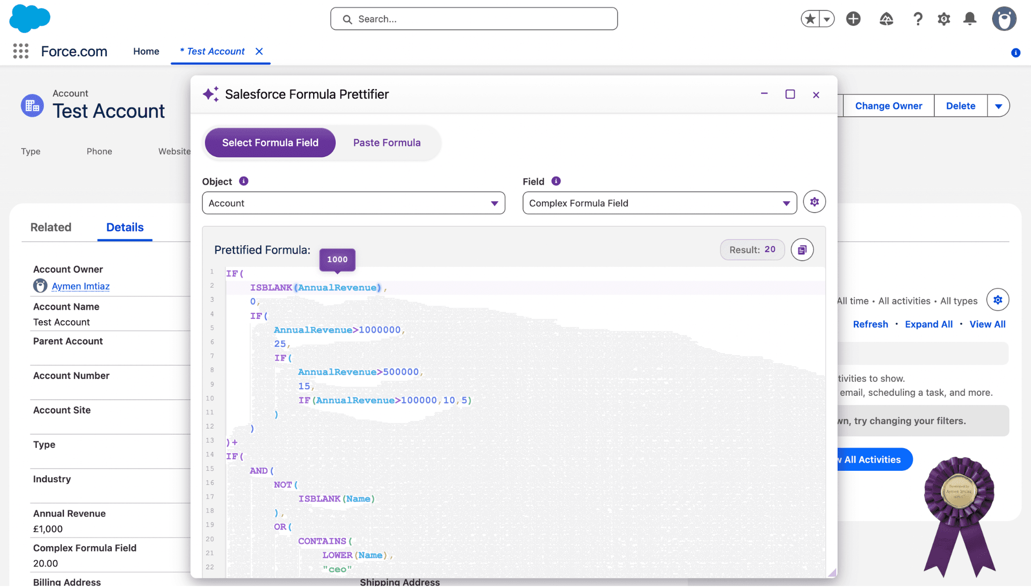 Formula Prettifier evaluating a field on record page