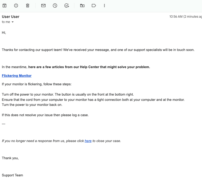 Auto-response email the customer receives