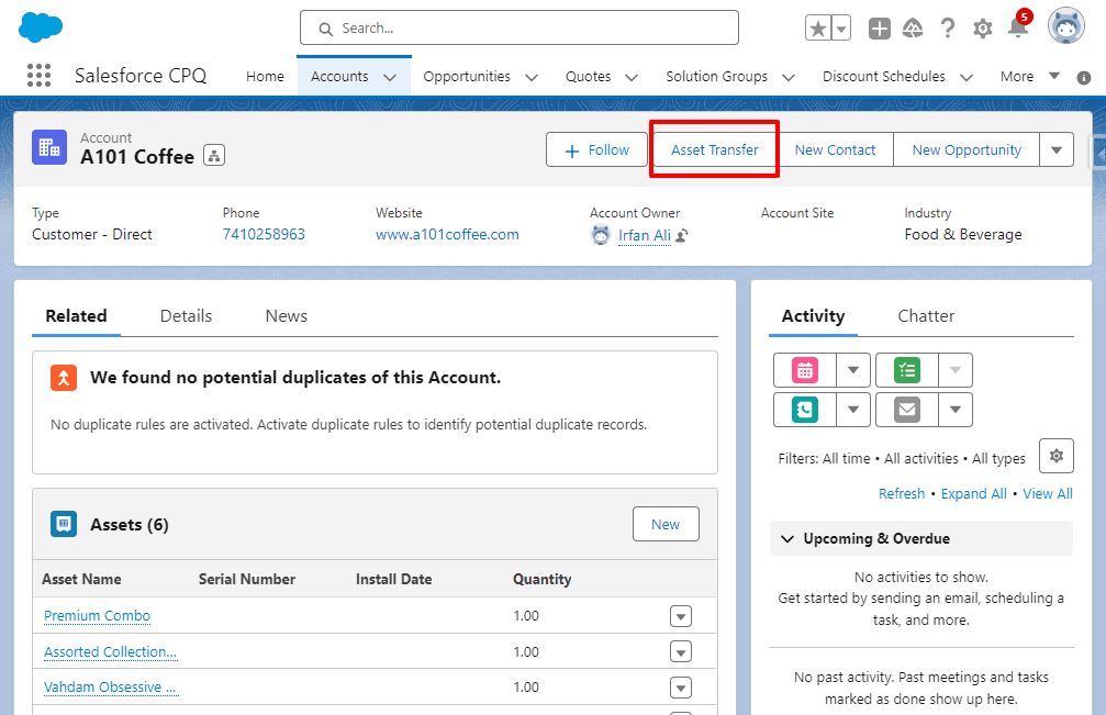 01. Asset Transfer button on Account record page