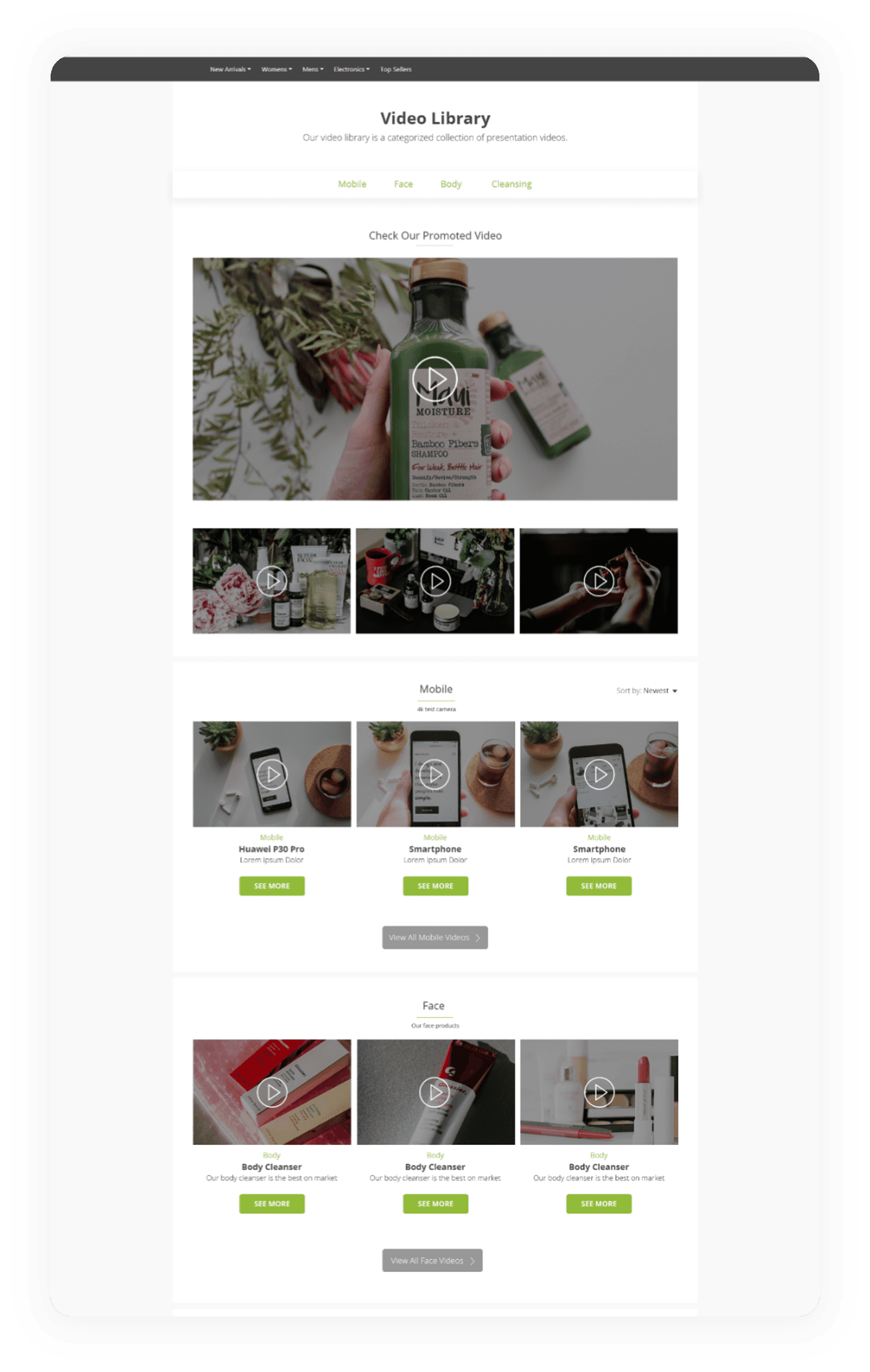 Video Library landing page is where customers arrive after clicking on 'videos' (website menu)
