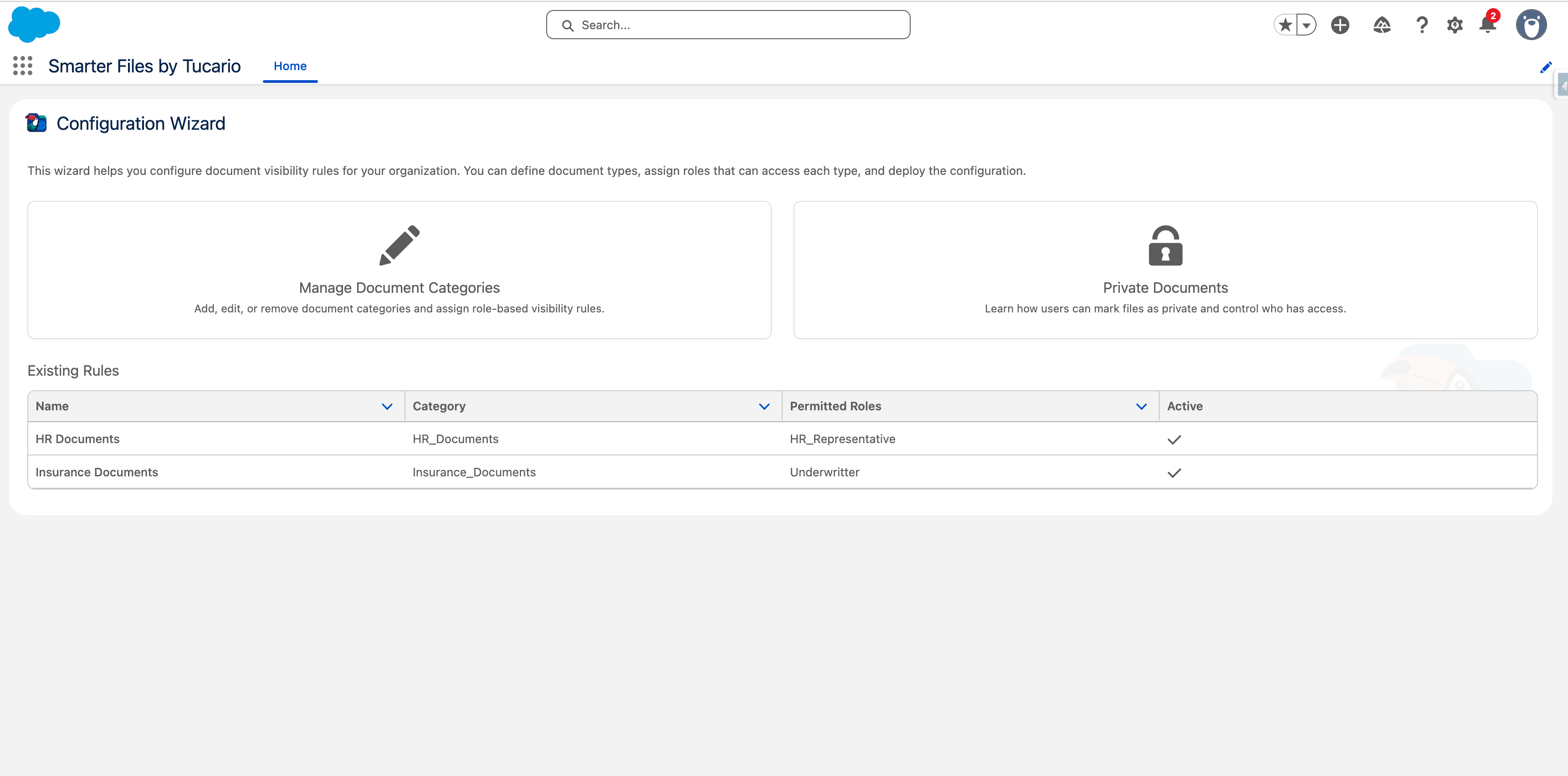 Smarter Files app home page with Configuration Wizard and existing visibility rules