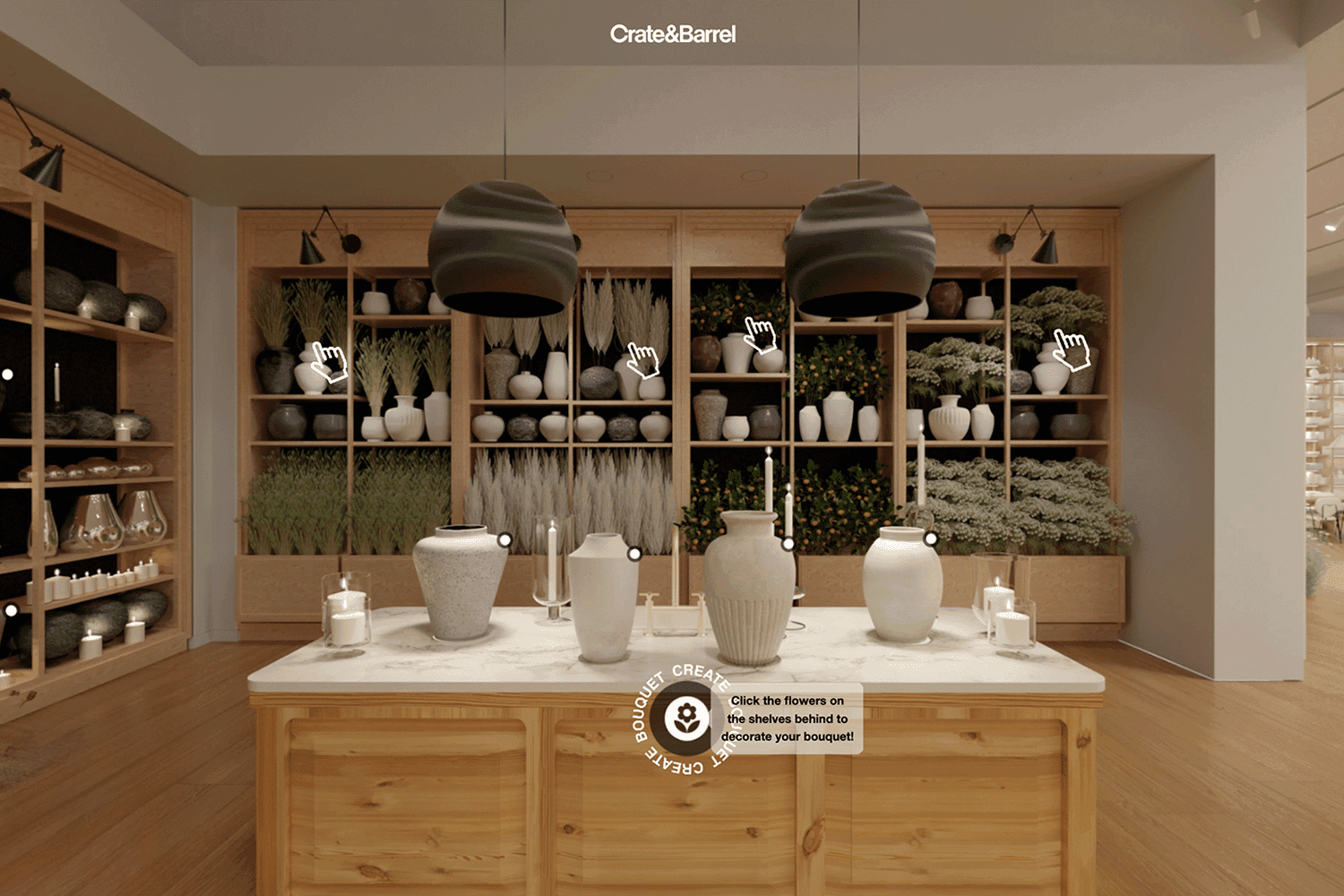 Virtual replica of Crate & Barrel’s NYC flagship with shoppable products and customization features.