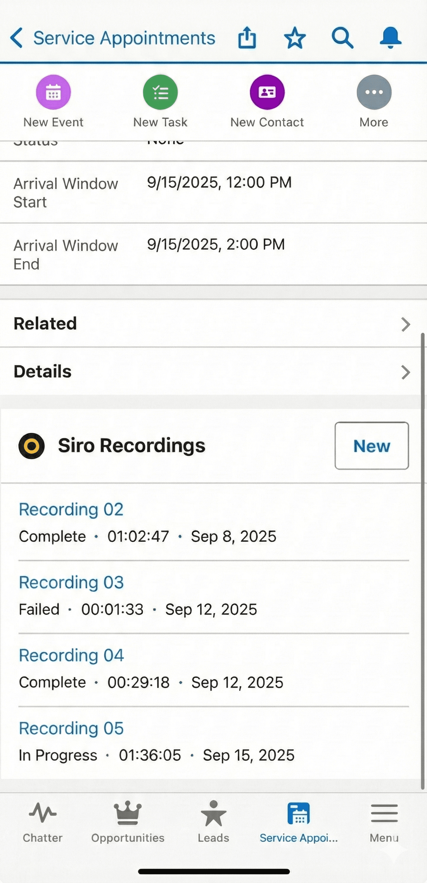 Start, Stop and View Siro Recordings associated with Service Appointment