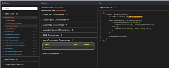 AuraComponent Occurrence view showing method call counts and highlighted references