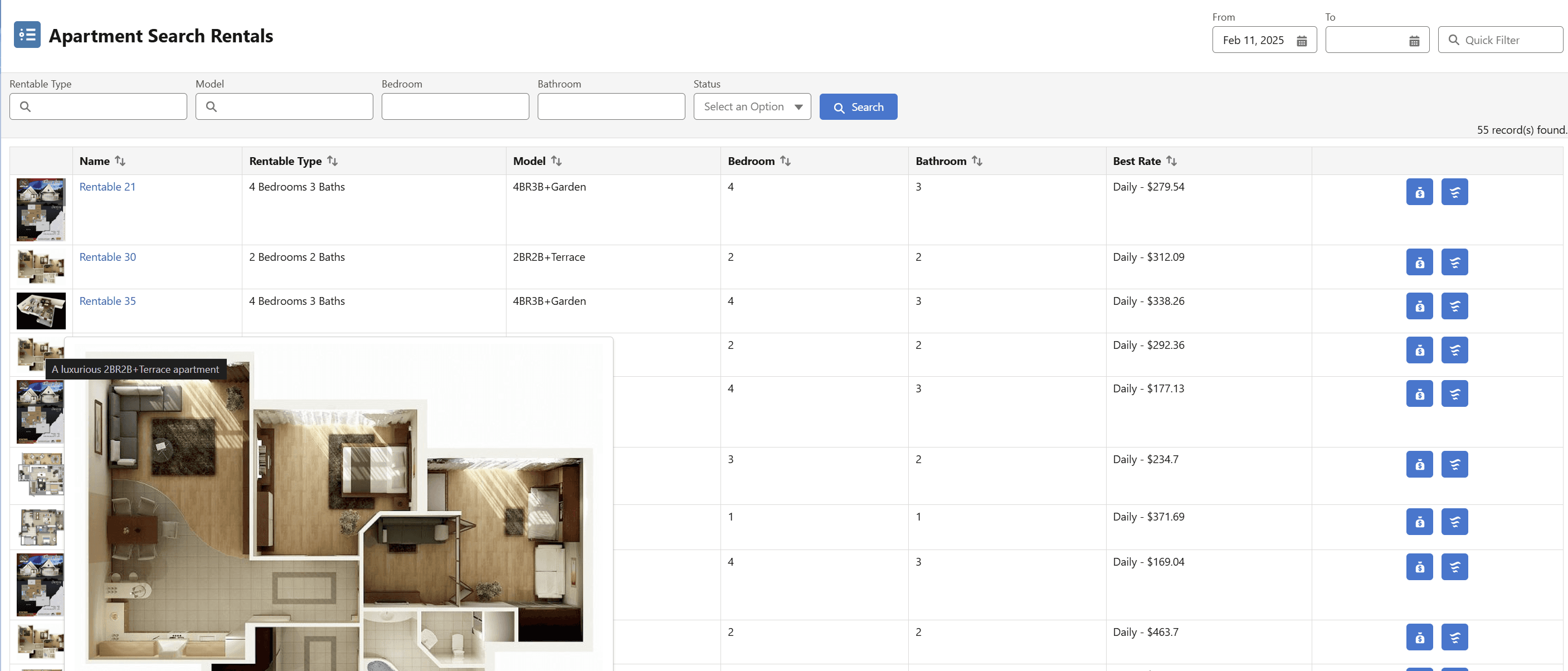 Real Estate Apartment Table Search