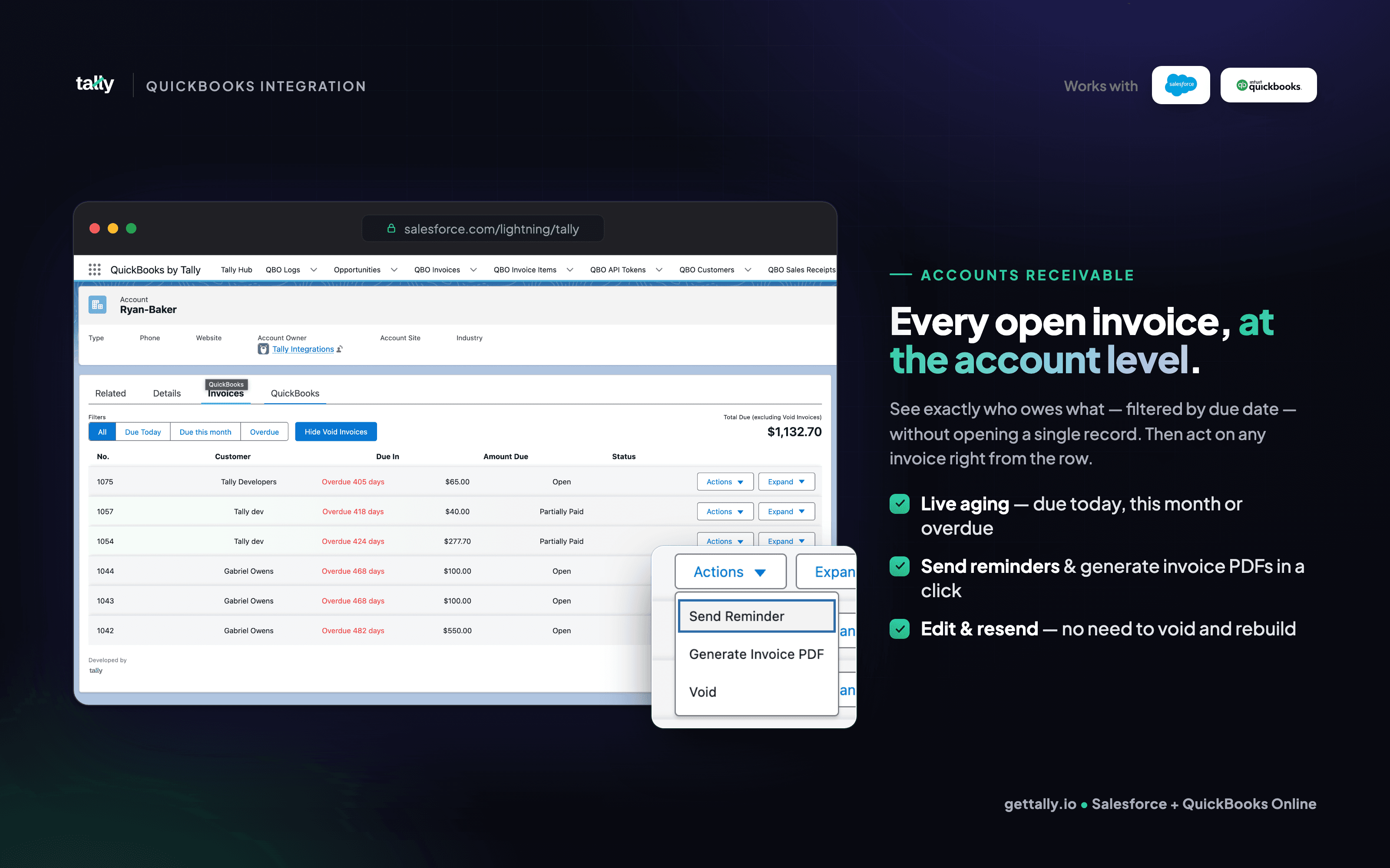 See every open invoice at the account level — send reminders, generate PDFs, edit and resend without
