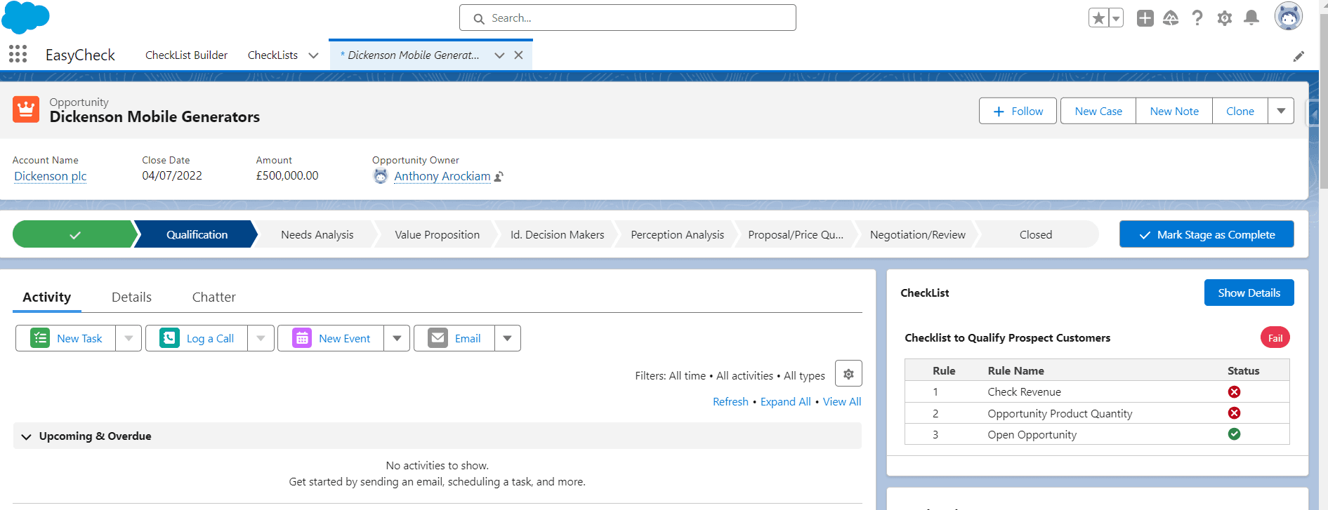 View Easy Check component in Lightning page