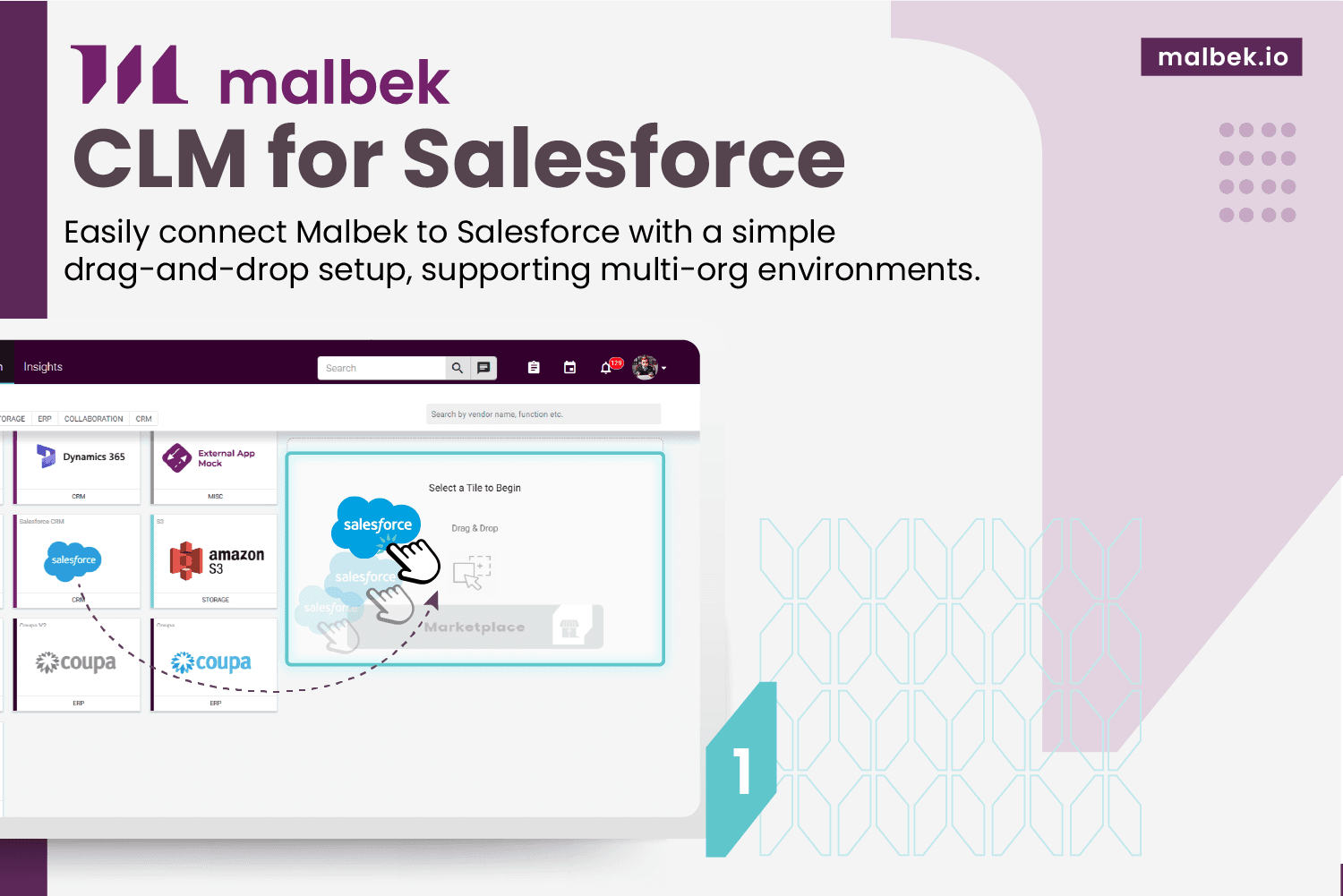 Drag. Drop. Done. Malbek CLM for Salesforce delivers seamless multi-org integration without code.