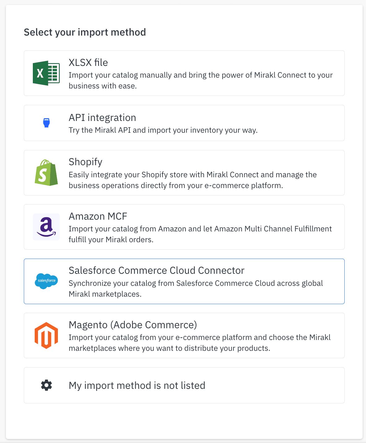 Import your catalog from Salesforce to your Mirakl stores, enhancing marketplace management