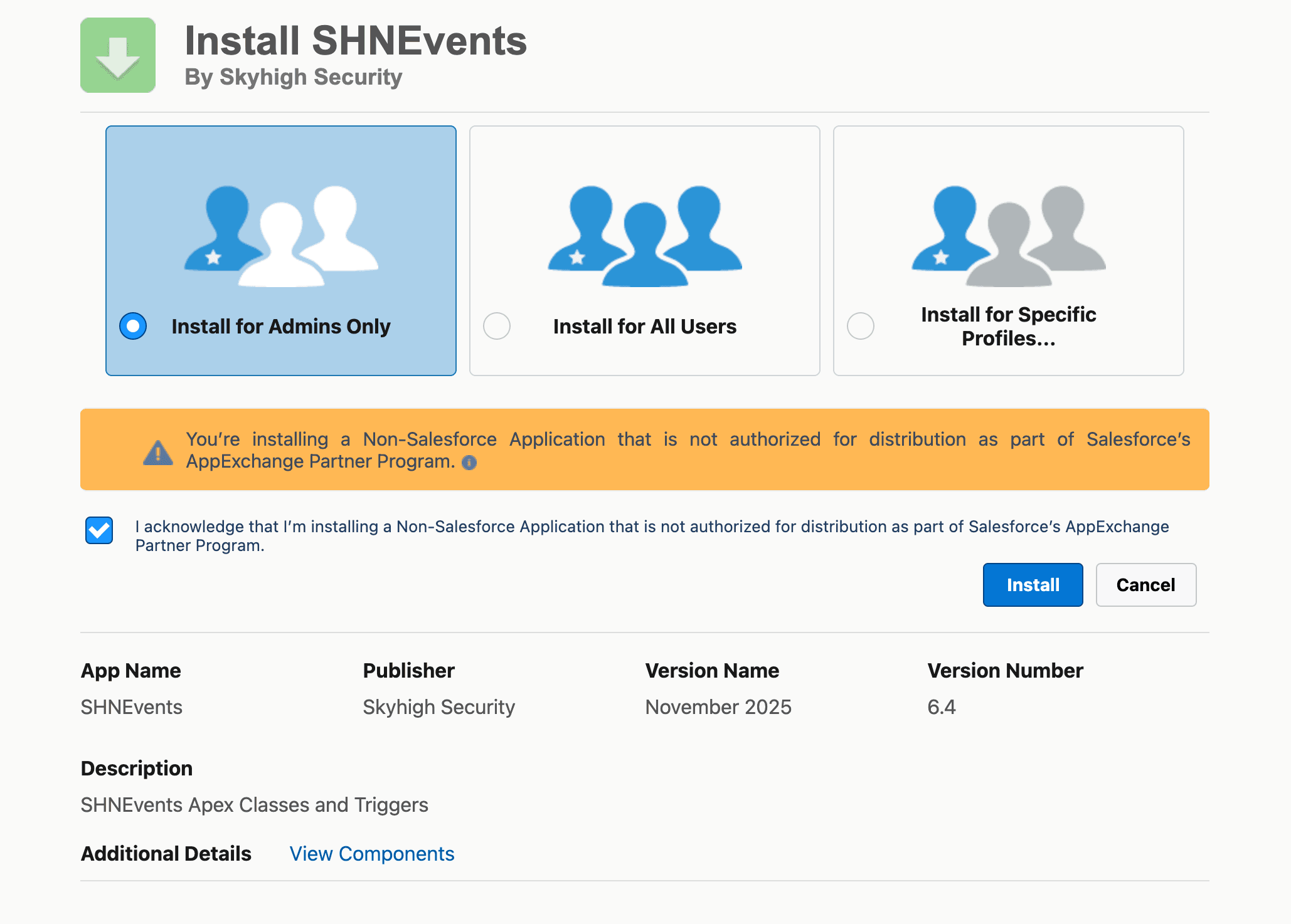 Install SHNEvents for Salesforce DLP By Skyhigh Security