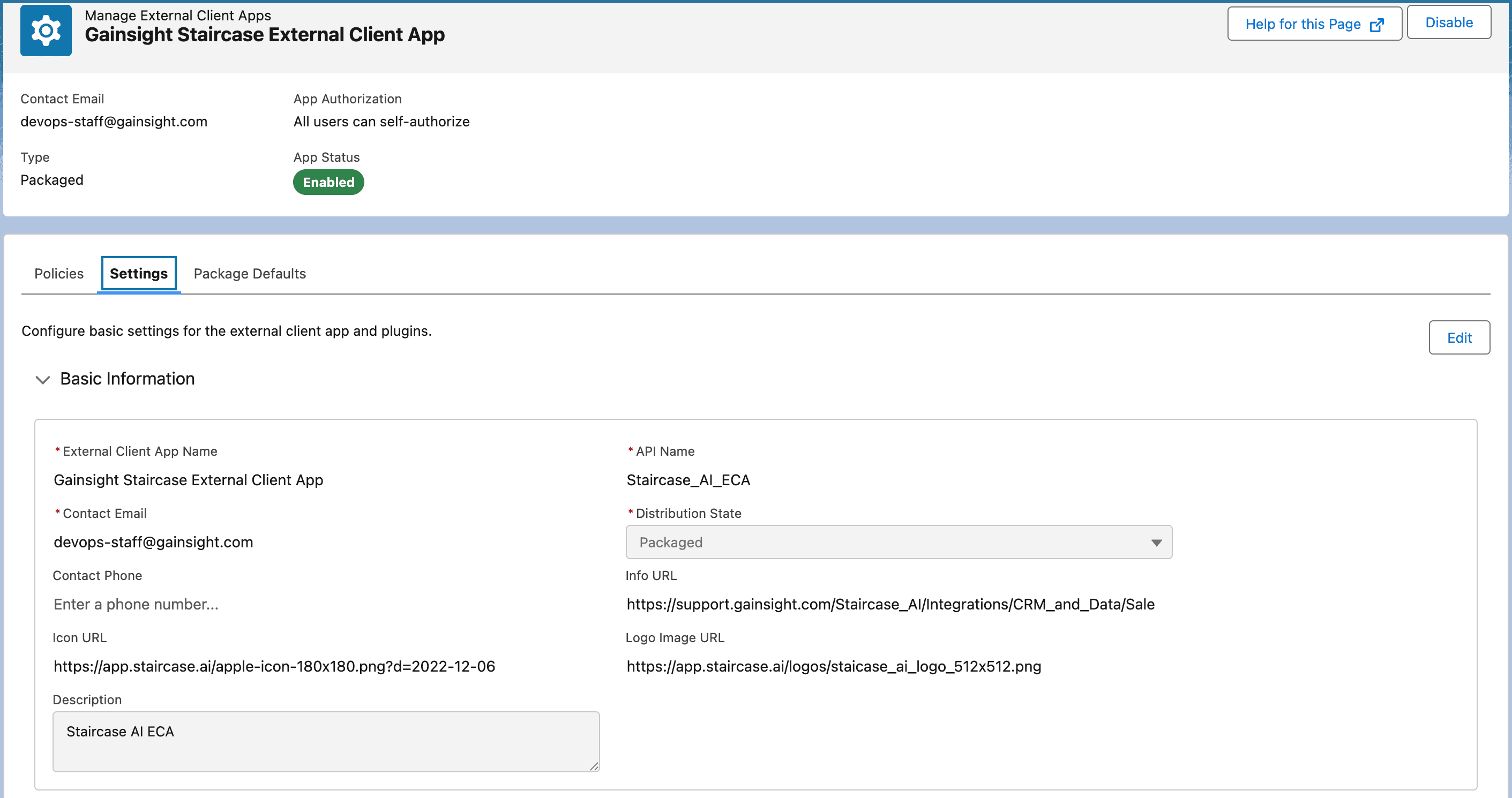 Staircase AI Data connector External Client App details
